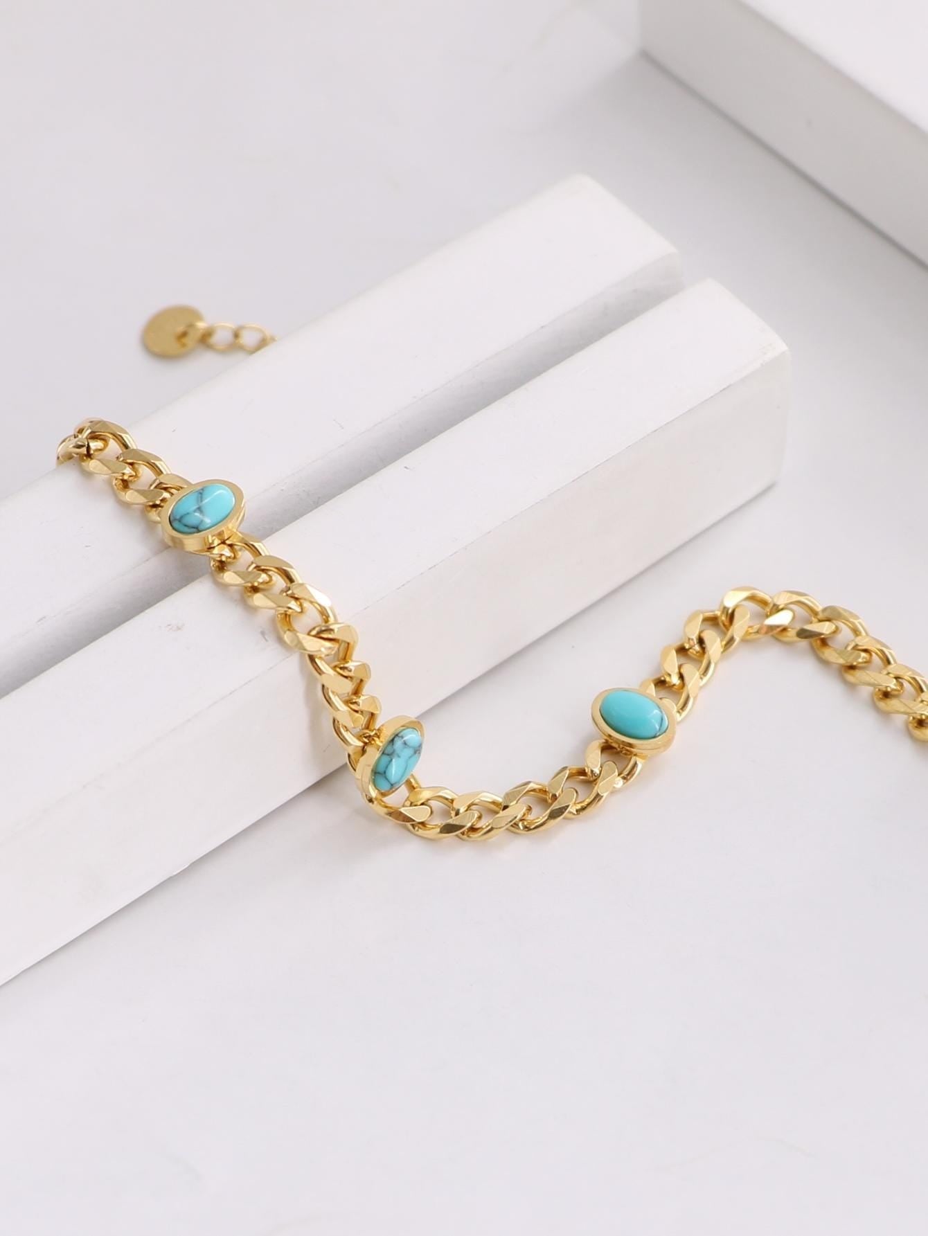 1Pc Simple European and American Style Gold-Toned Stainless Steel Oval Blue Turquoise Decorated Bracelet for Women