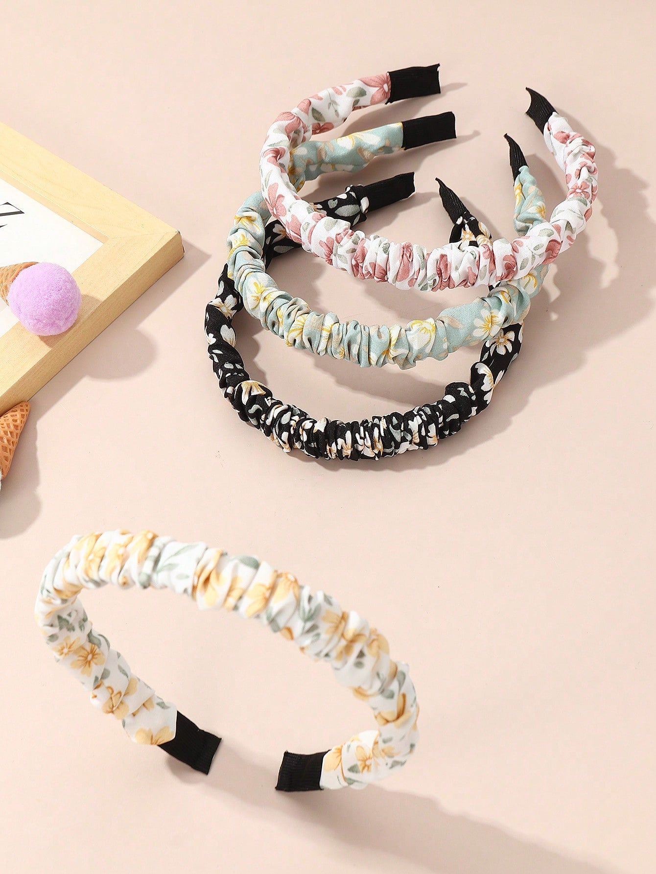 4Pcs Girls Floral Print Ruched Detail Headband for Hair Decoration