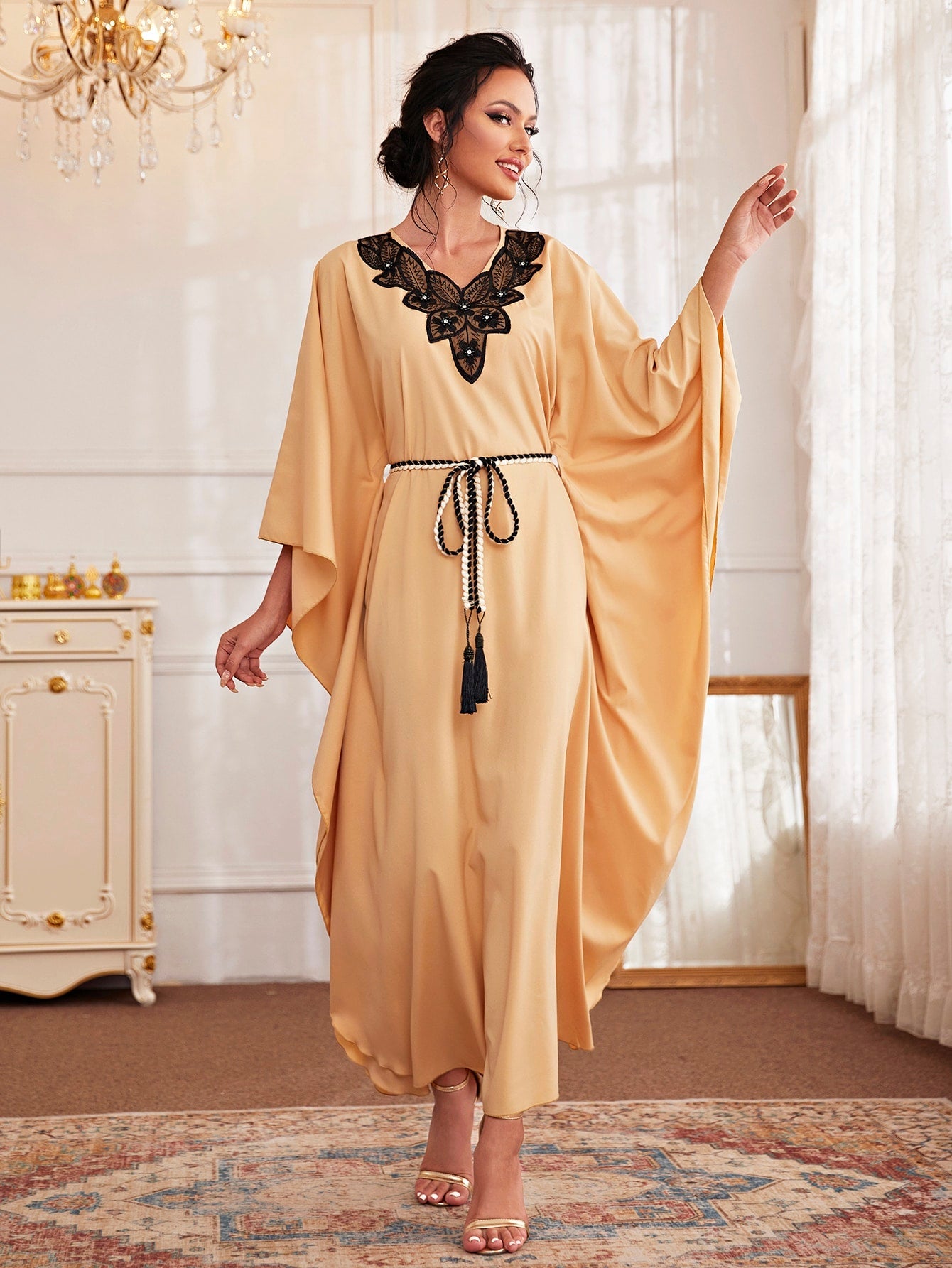 SHEIN Najma Contrast Lace Belted Kaftan Dress
