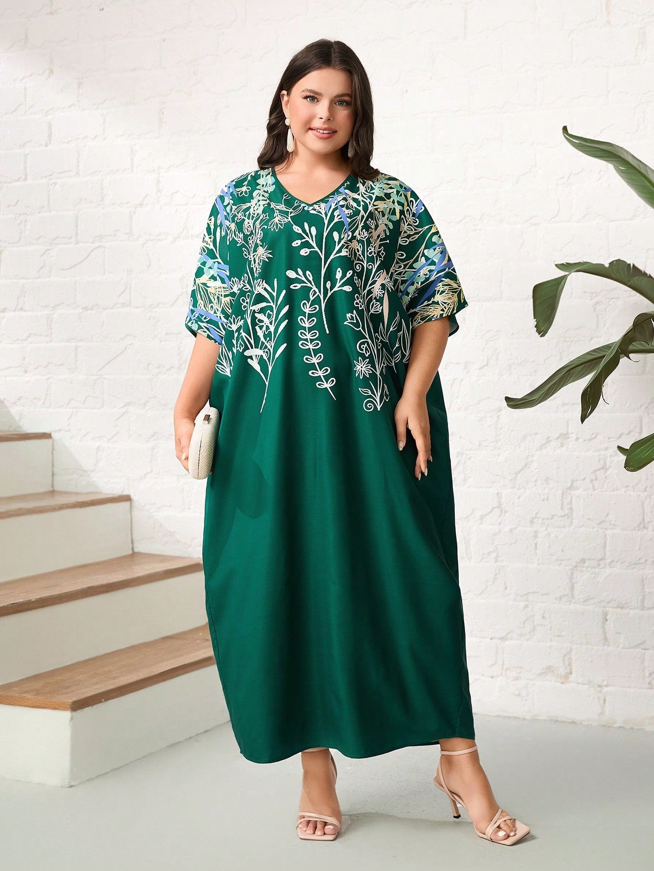 SHEIN Mulvari plus Floral Print Batwing Sleeve Dress