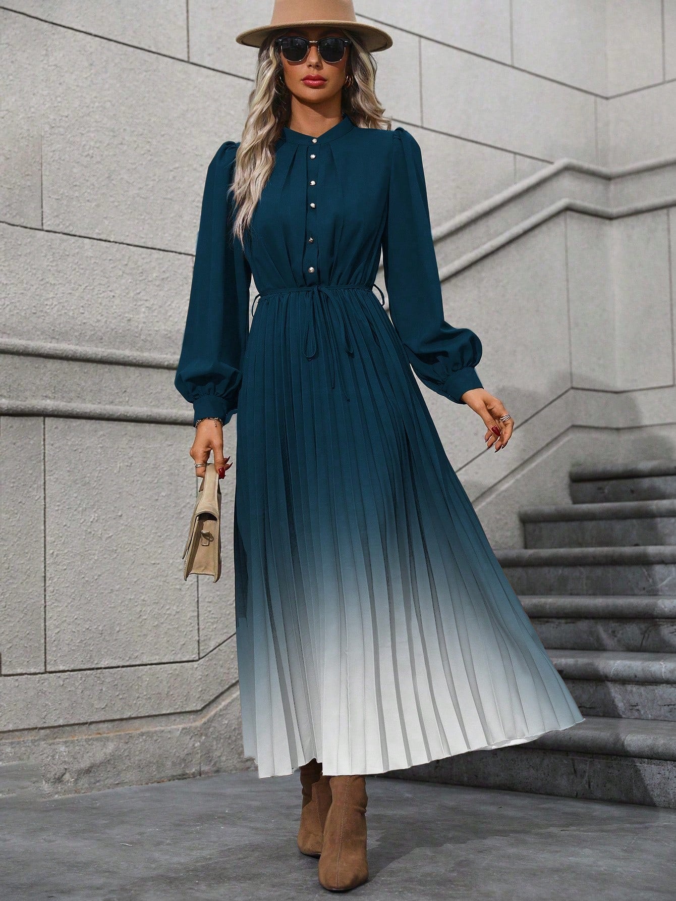 Ombre Lantern Sleeve Dress, Belt Not Included