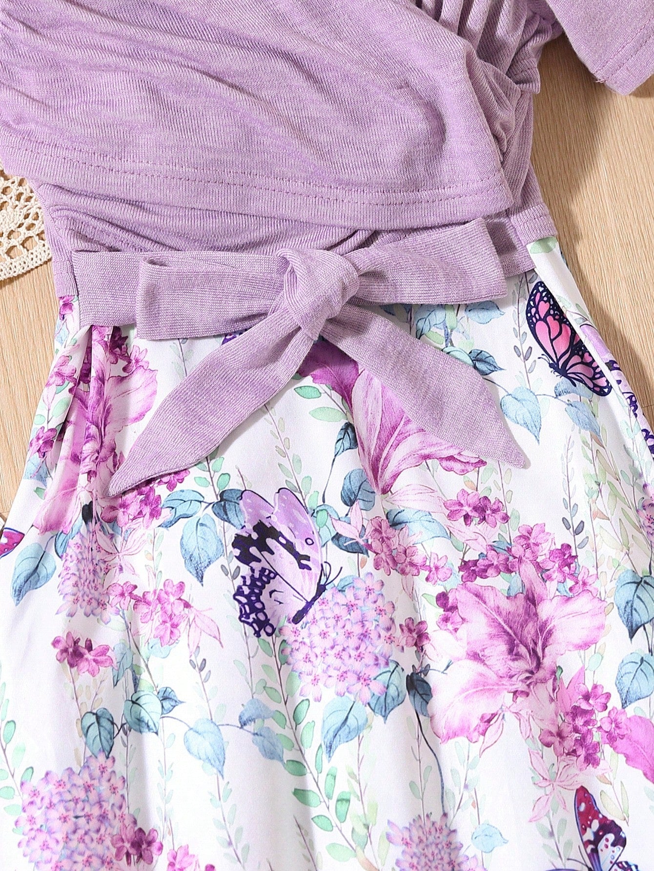 SHEIN Kids SUNSHNE Girls Floral & Butterfly Print Surplice Neck 2 in 1 Dress