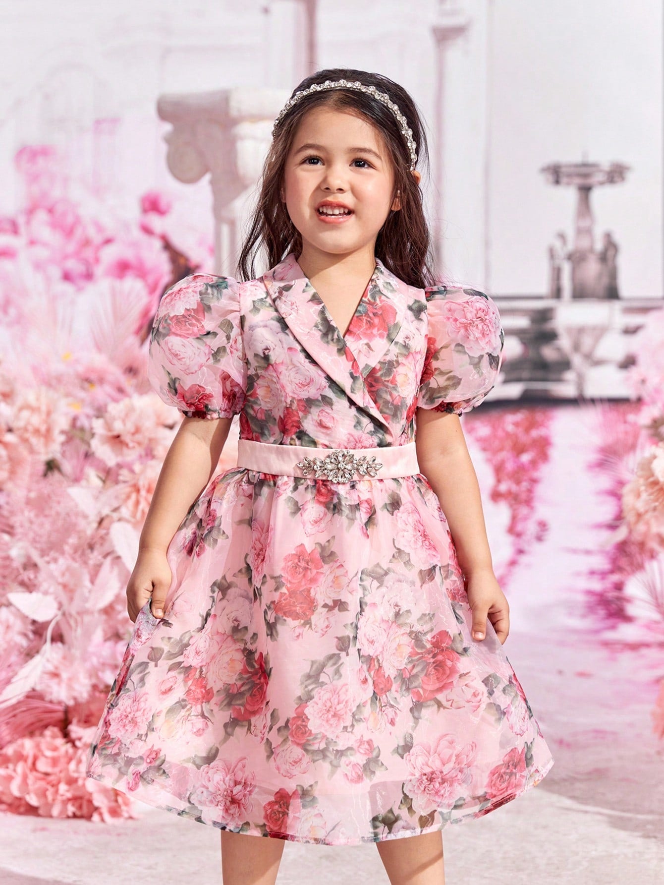 SHEIN Young Girls 1Pc Floral Print Puff Sleeve Party Dress