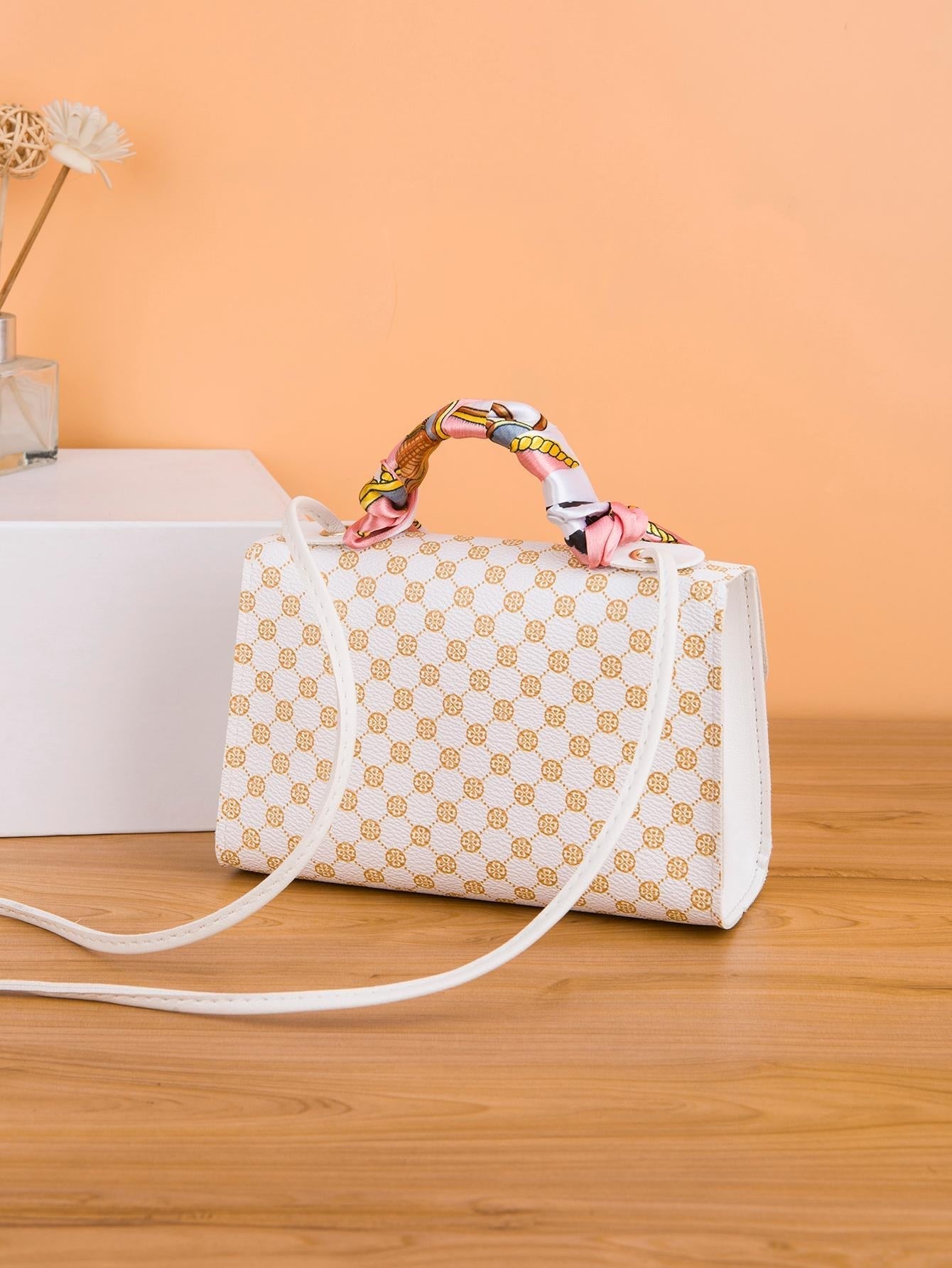Waterproof Trendy Geometric Pattern Twilly Scarf Decor Flap Square Bag Push Lock Portable for Women