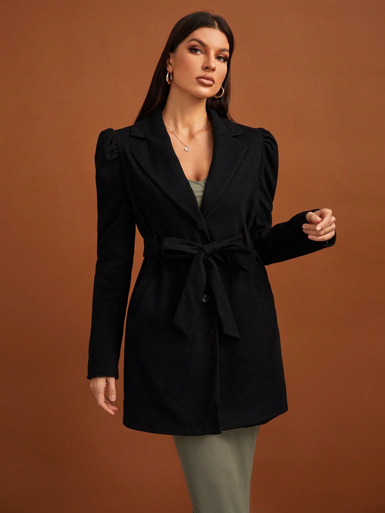 SHEIN Tall Lapel Neck Puff Sleeve Belted Overcoat