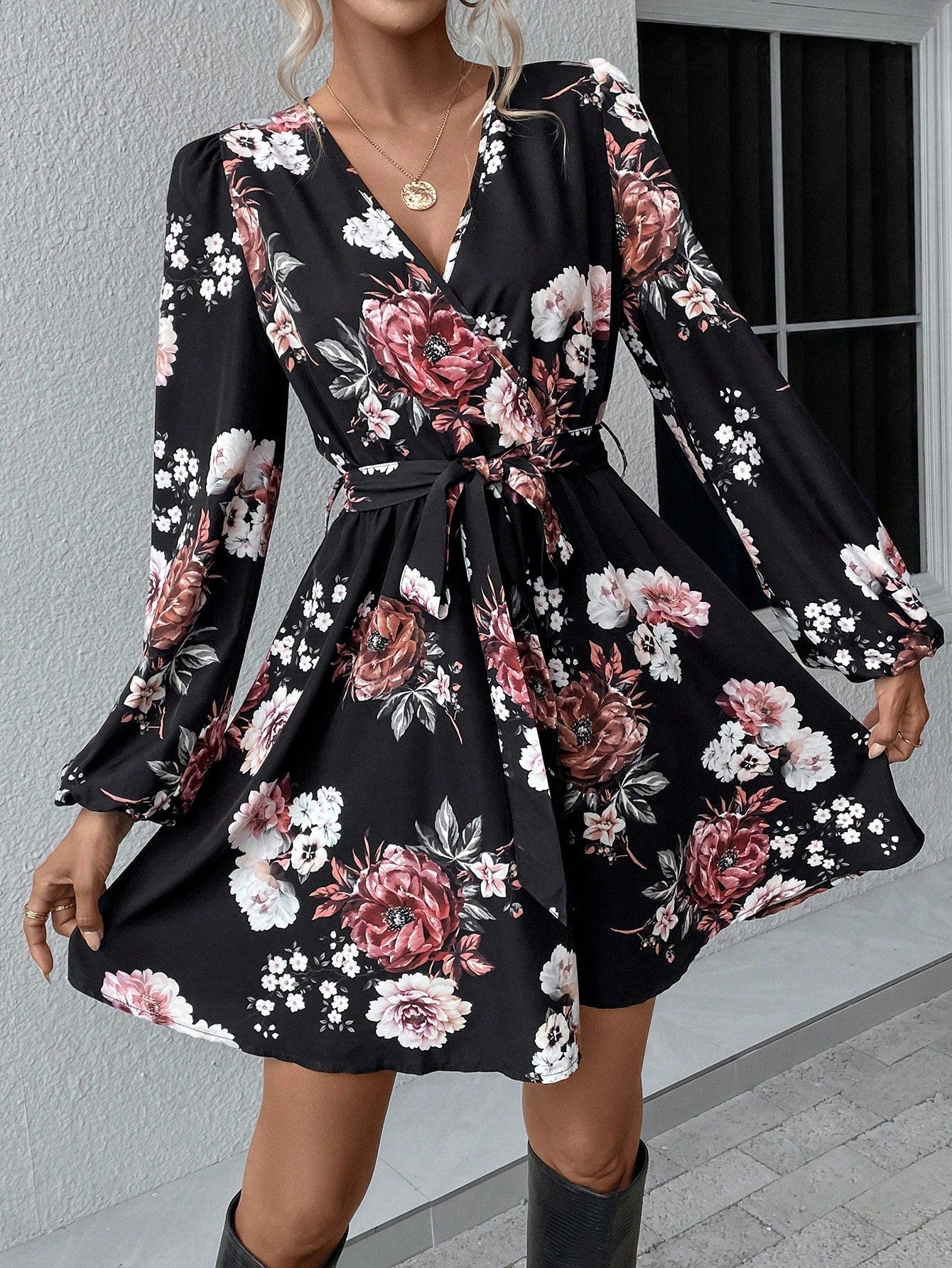 Floral Print Lantern Sleeve Belted Dress