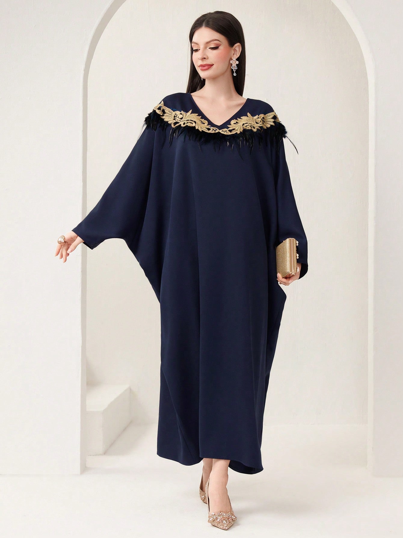 SHEIN Najma Women'S Solid Color Collar Decoration Kaftan
