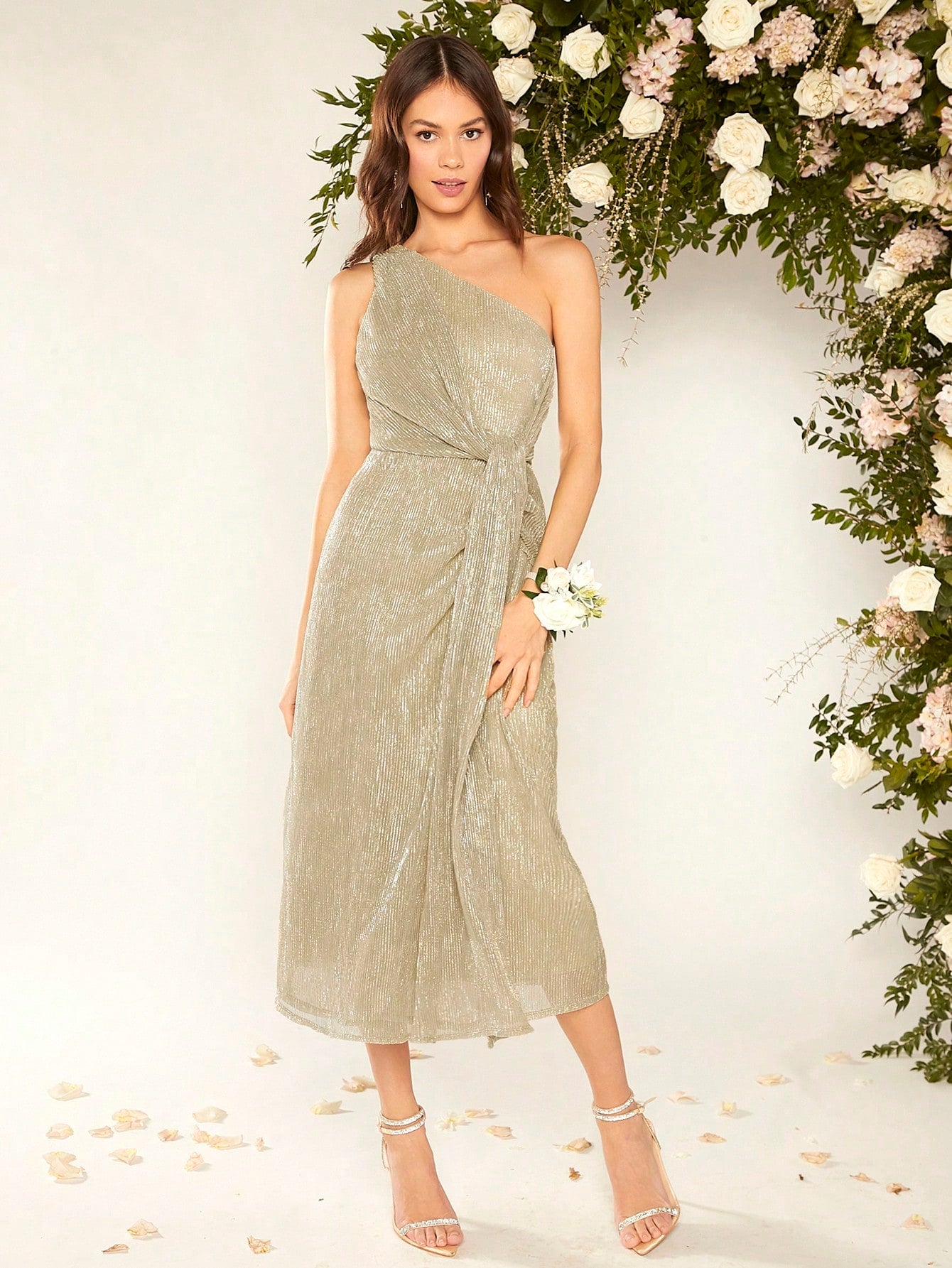 SHEIN Belle One Shoulder Twist Front Metallic Dress
