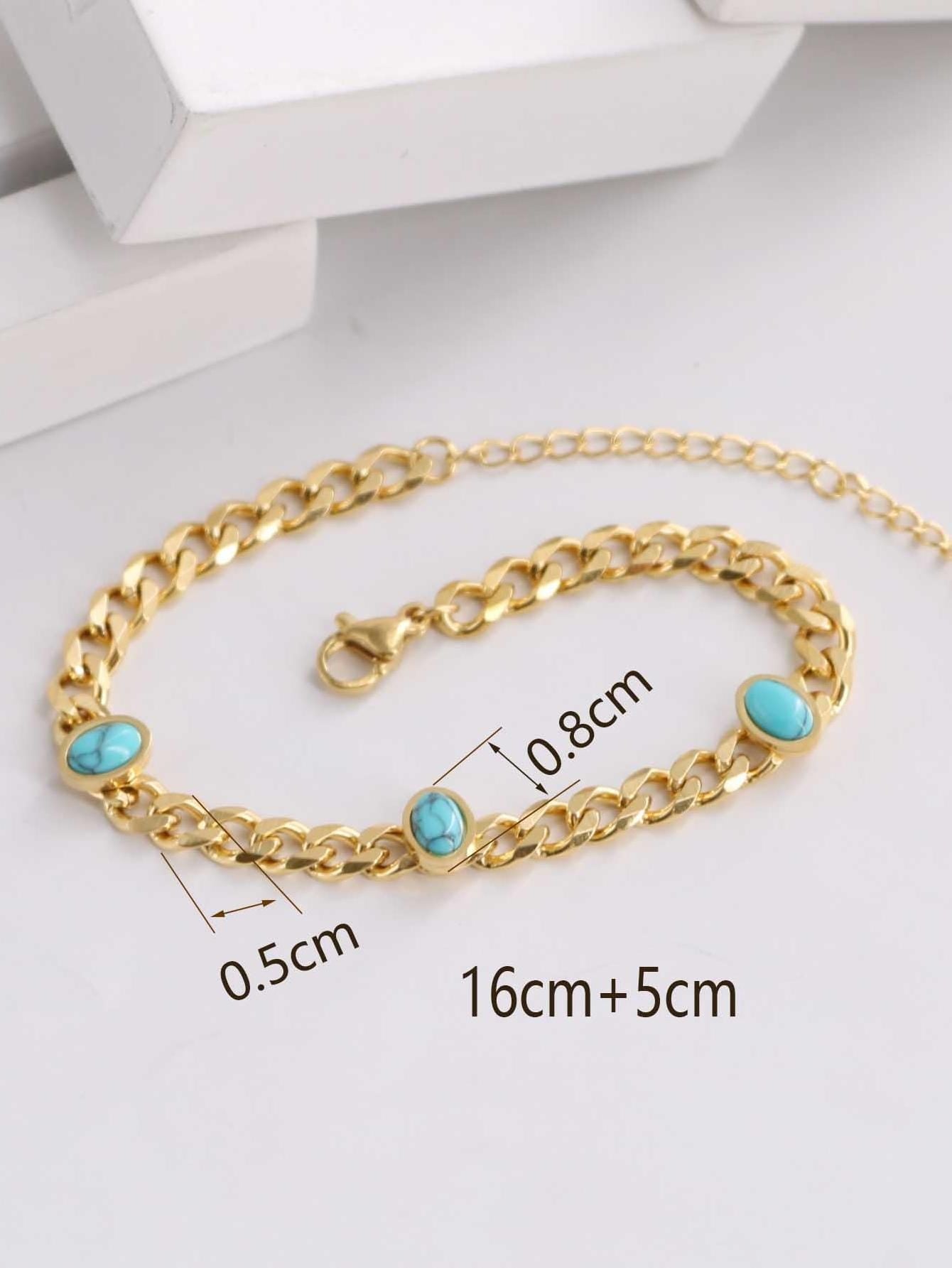 1Pc Simple European and American Style Gold-Toned Stainless Steel Oval Blue Turquoise Decorated Bracelet for Women