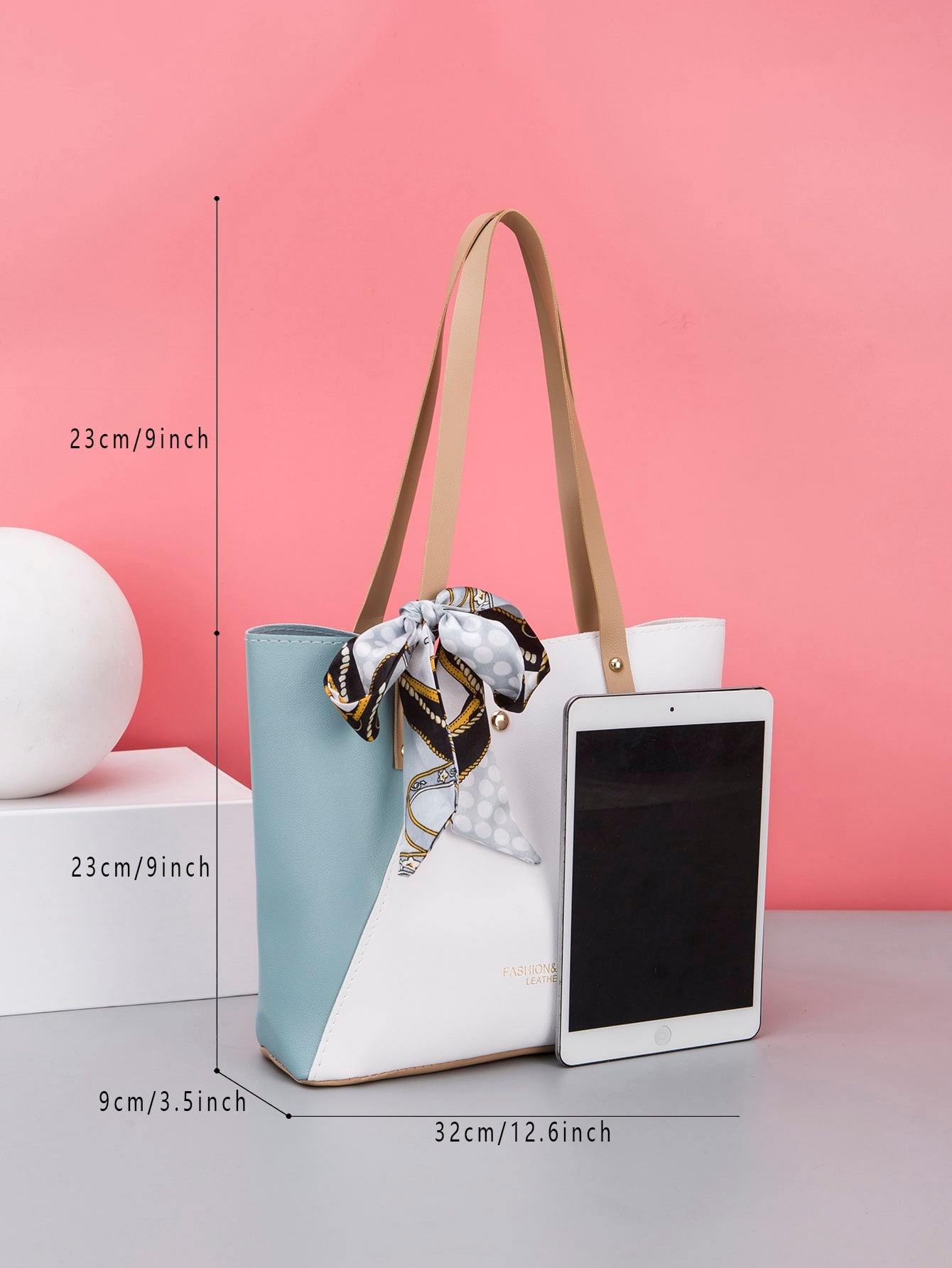 1Pc Blue and White Color Block Fashionable Tote Bag with Silk Scarf and Gold-Plated Letter for Daily Casual Wear