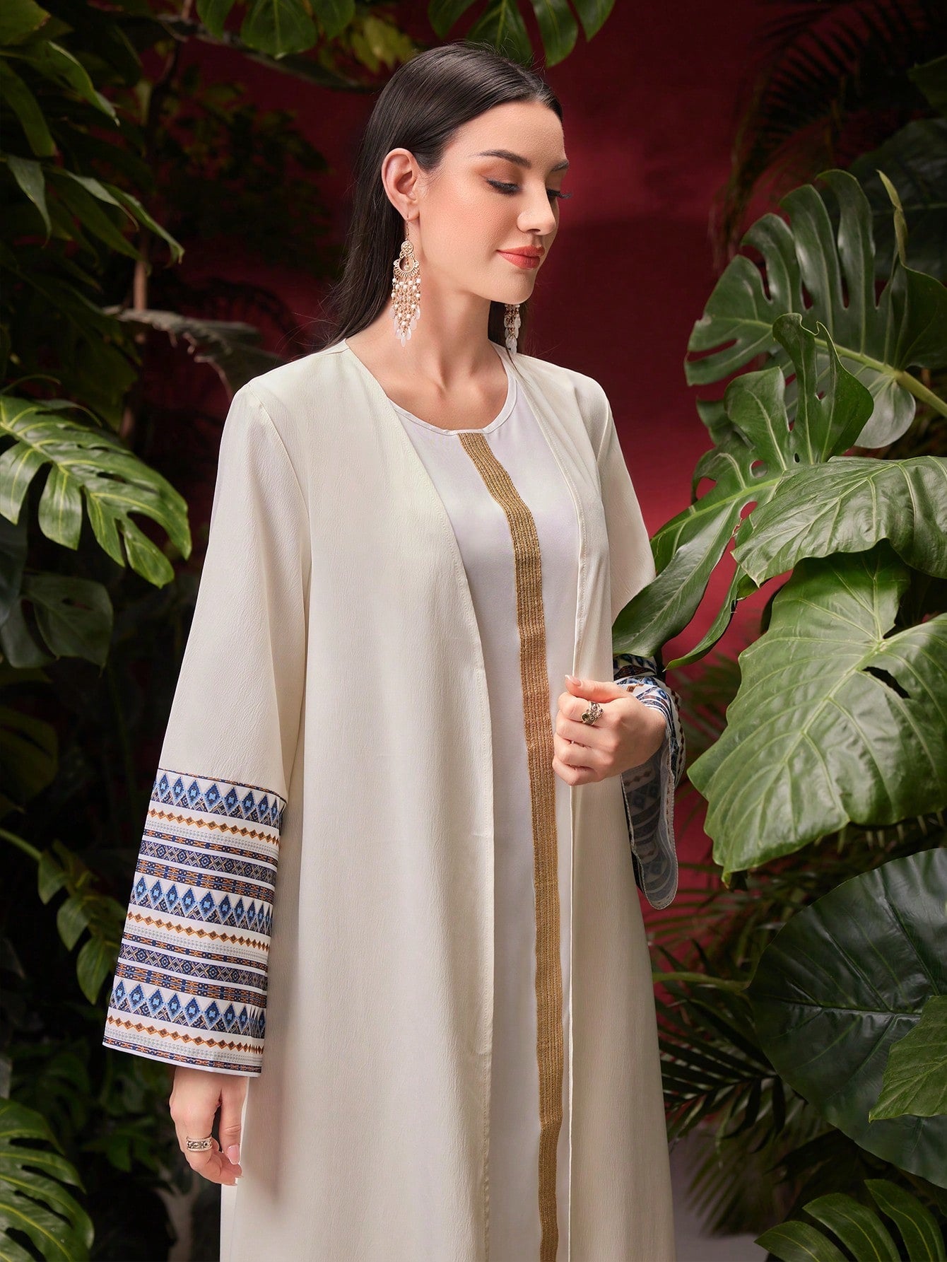 SHEIN Najma Women'S Arabian Abaya with Geometric Pattern and Gold Tape