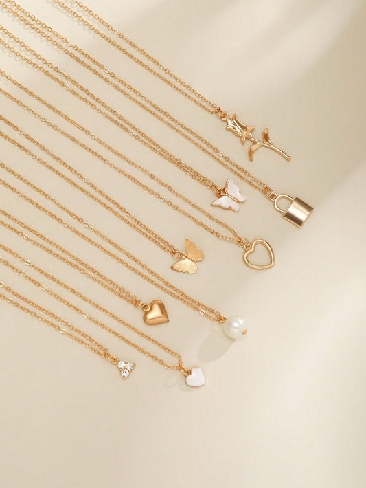 9Pcs Vintage Fashionable Heart Shaped Pearl & Butterfly & Flower & Multi-Element Pendant Charm Necklace Set for Women, Daily Party Jewelry Gift