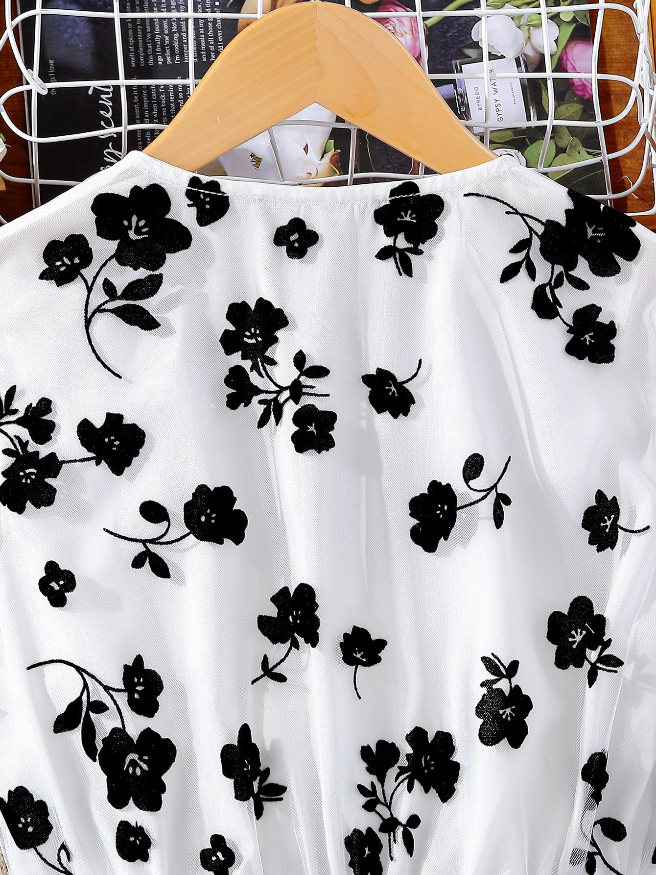 SHEIN Teen Girls Floral Print Flounce Sleeve Mesh Overlap Collar Dress
