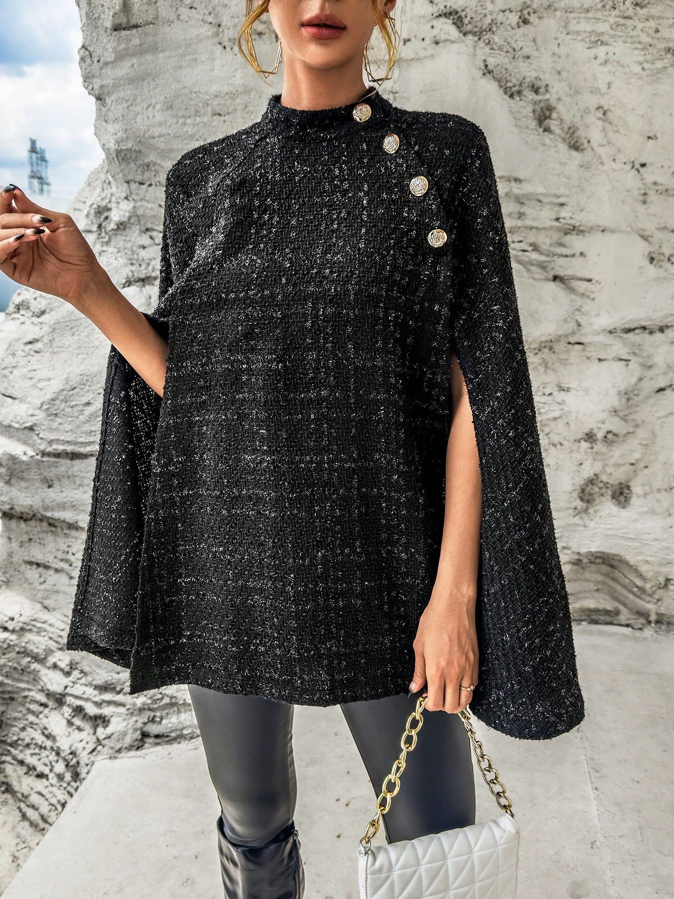 SHEIN Privé Mock Neck Button Detail Cloak Sleeve Glitter Cape Coat