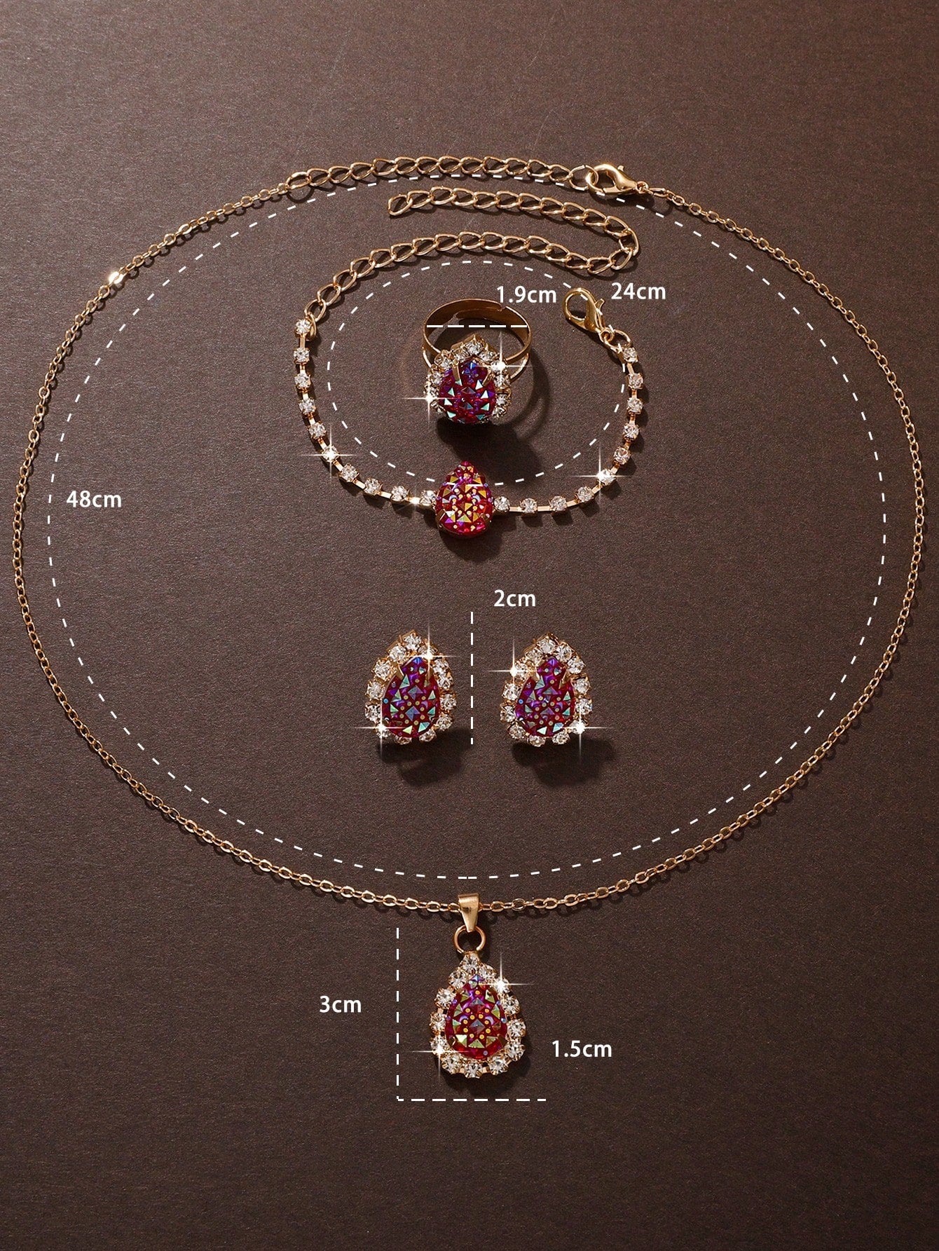 5Pcs Women'S Teardrop Rhinestone Jewelry Set