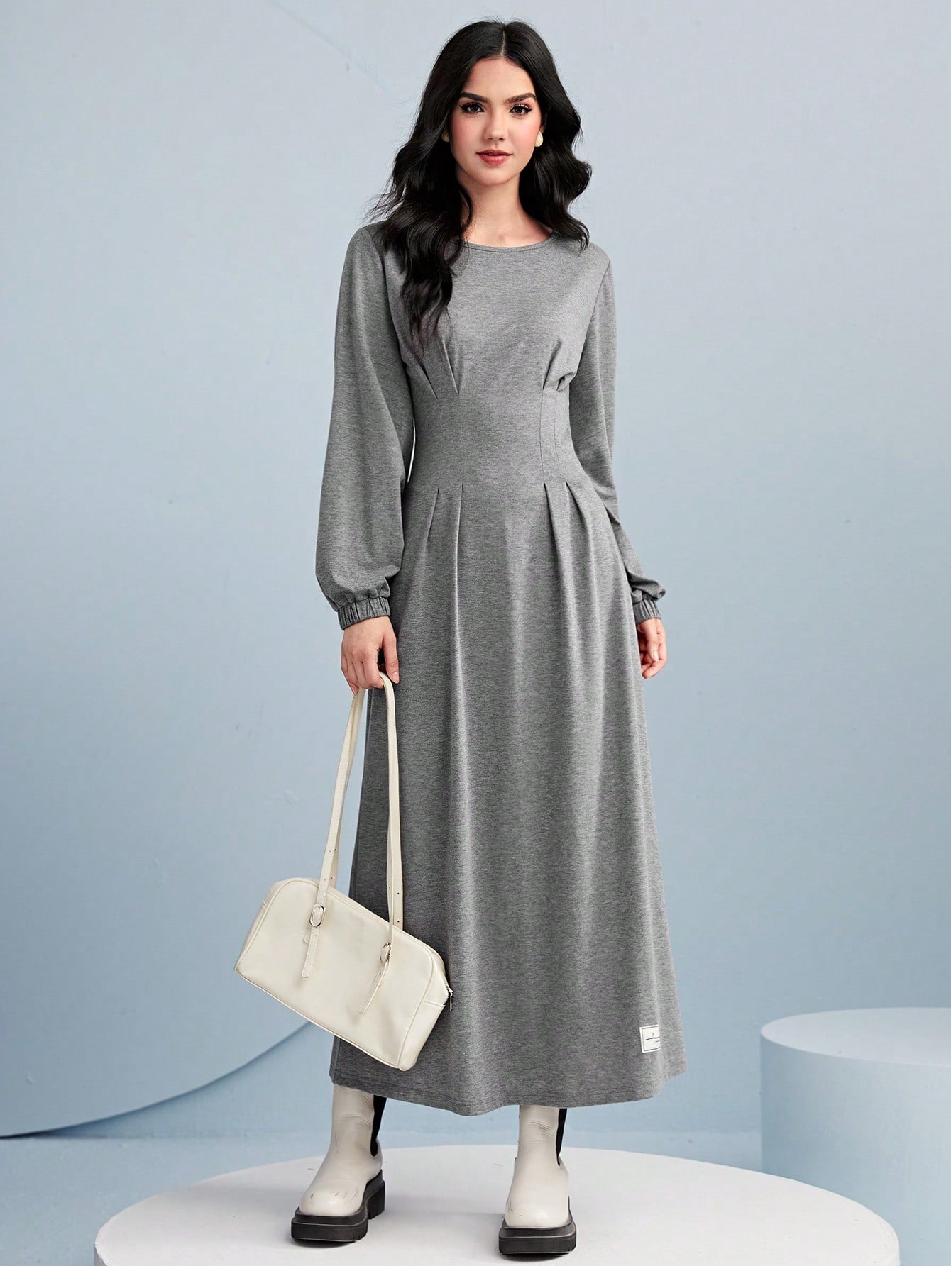 SHEIN Mulvari Letter Patched Detail Lantern Sleeve Fold Pleated Hem Dress