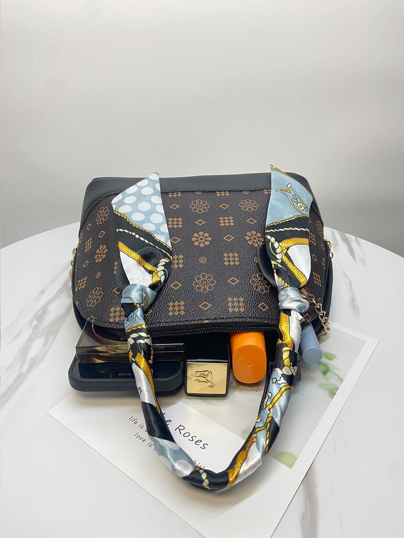 1Pc Mini Geometric Print Handbag with Coffee Scarf Handle and Chain Strap