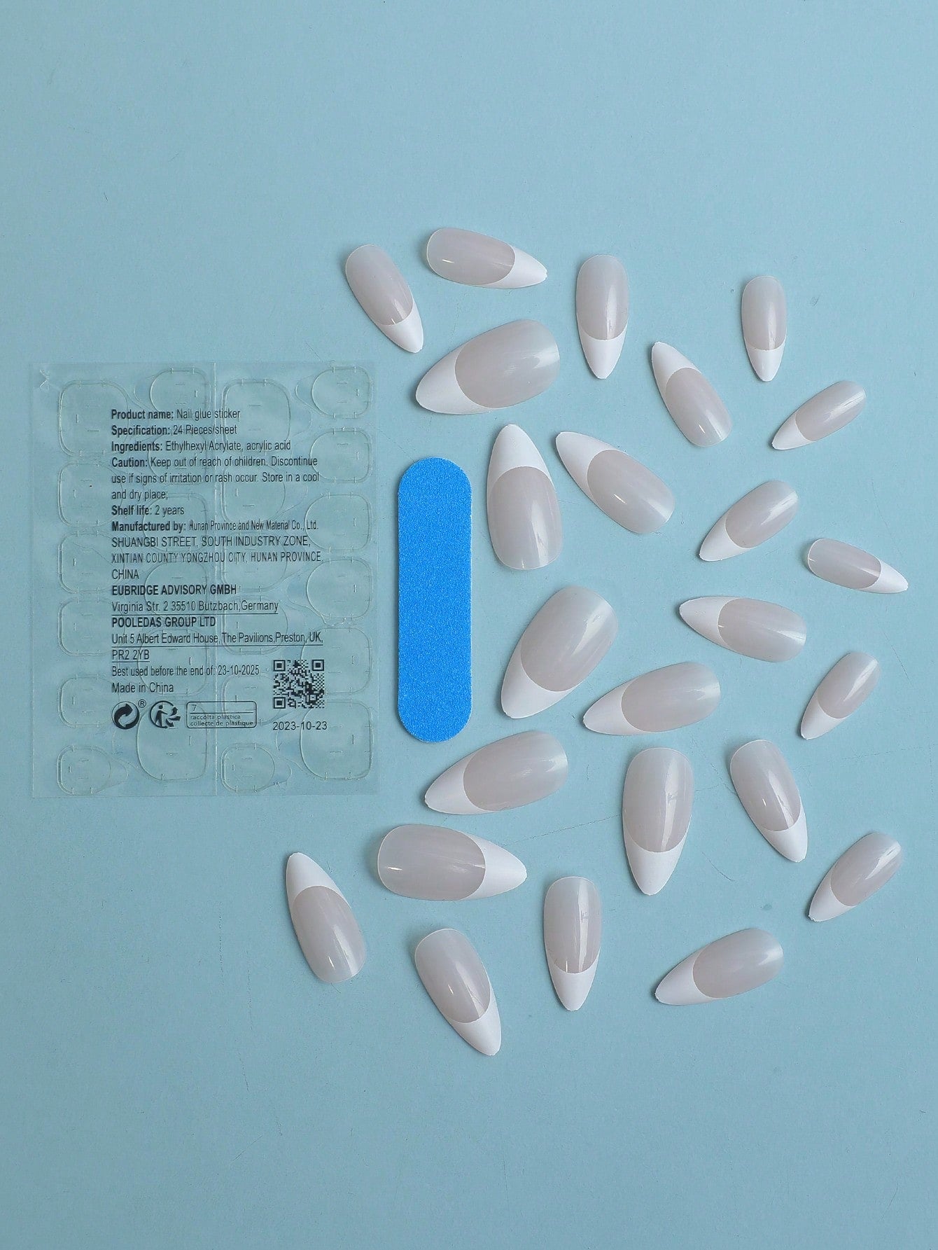 24 Pcs Pink Almond Press on Nails White French Fake Nail Simple Style Handmade Nails Press on for Women and Girls