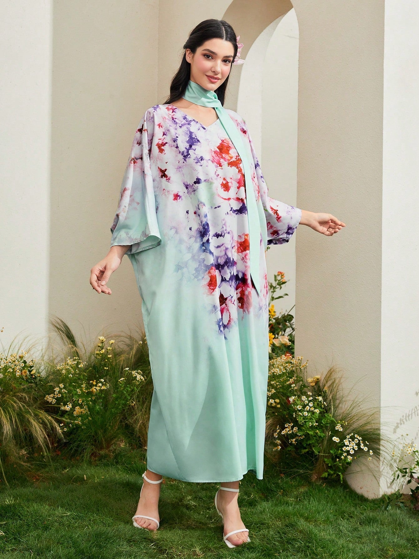 SHEIN Najma Floral Print Batwing Sleeve Dress with Scarf
