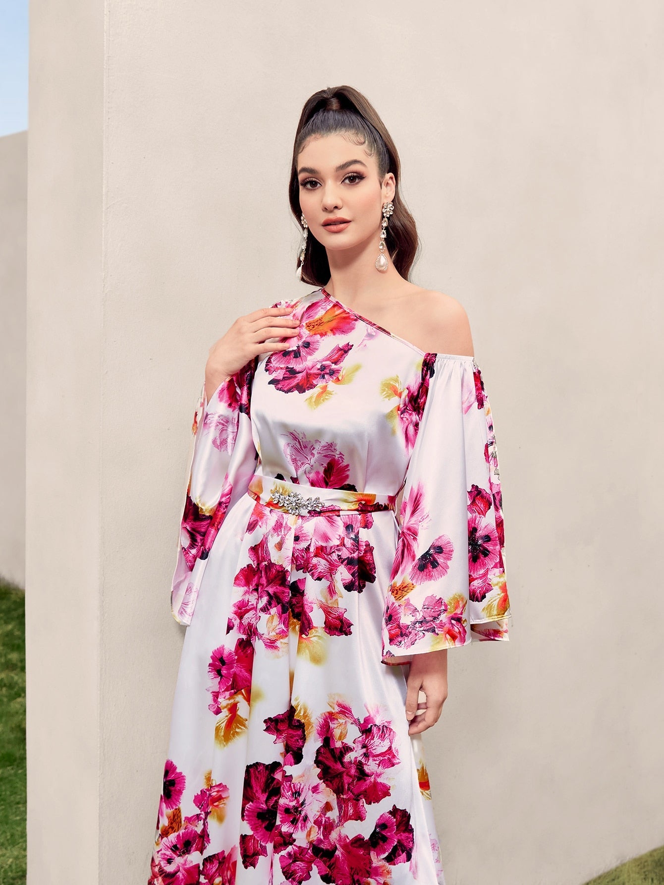 SHEIN Modely Floral Print Asymmetrical Neck Belted Dress