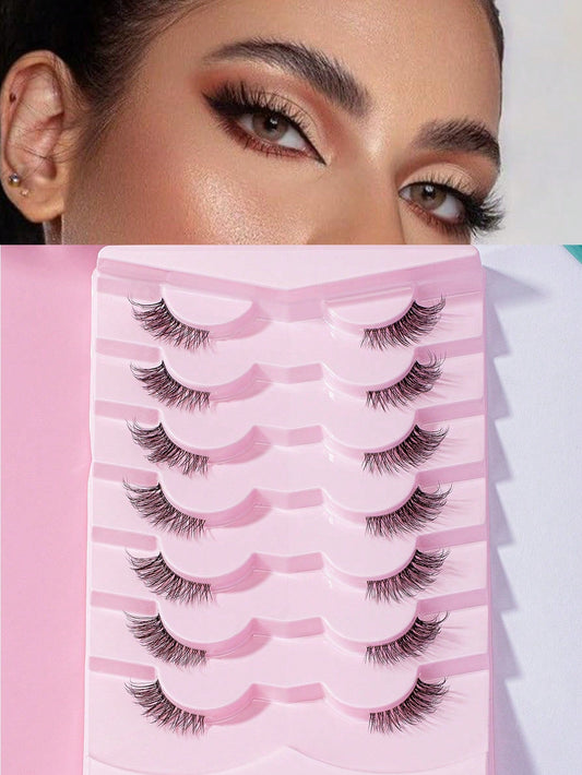 7Pairs/Set Casual Daily Wear Transparent Stem 3D Cross Design Eyelashes for Eye Enlarging, 0.5-1.3Cm