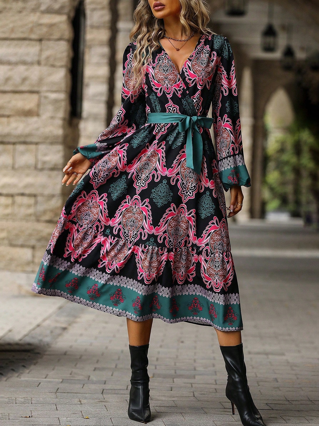 Allover Print Lantern Sleeve Belted Dress