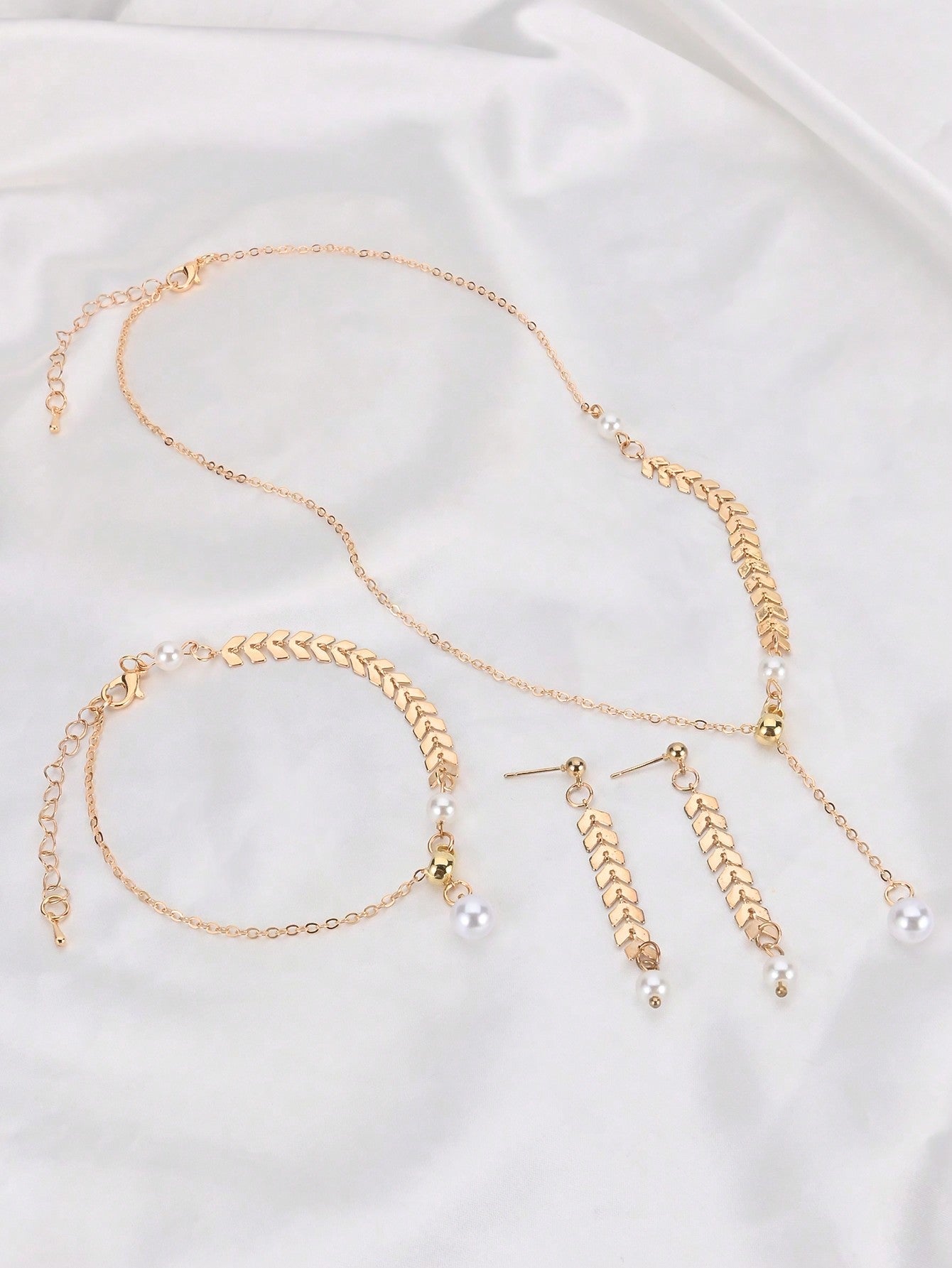 1Set Wheat Spike Shape Pearl Necklace, Bracelet and Earrings Set