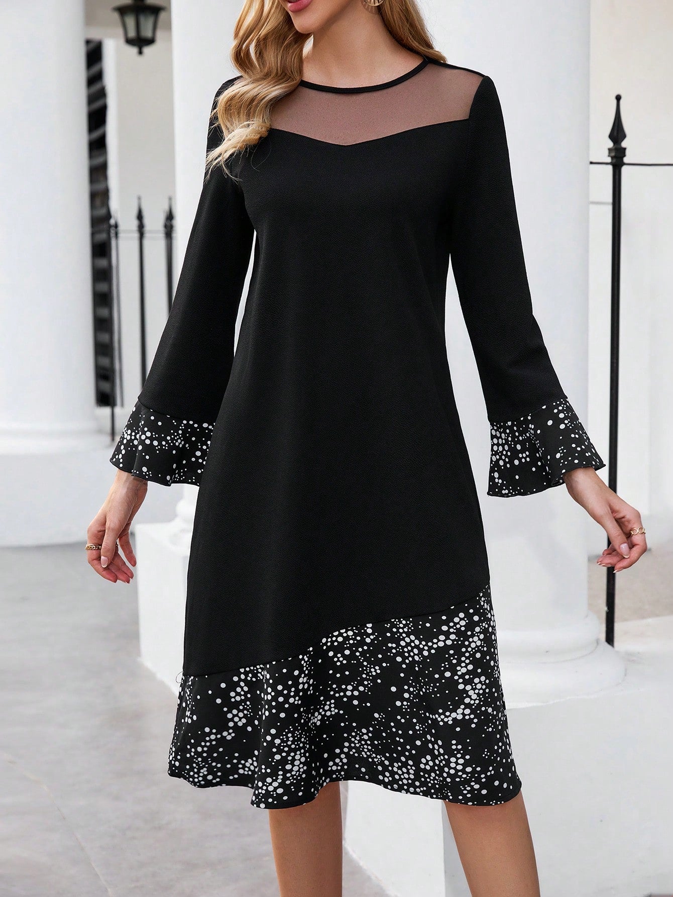 EMERY ROSE Women'S Polka Dot Decorated Long Sleeve Dress