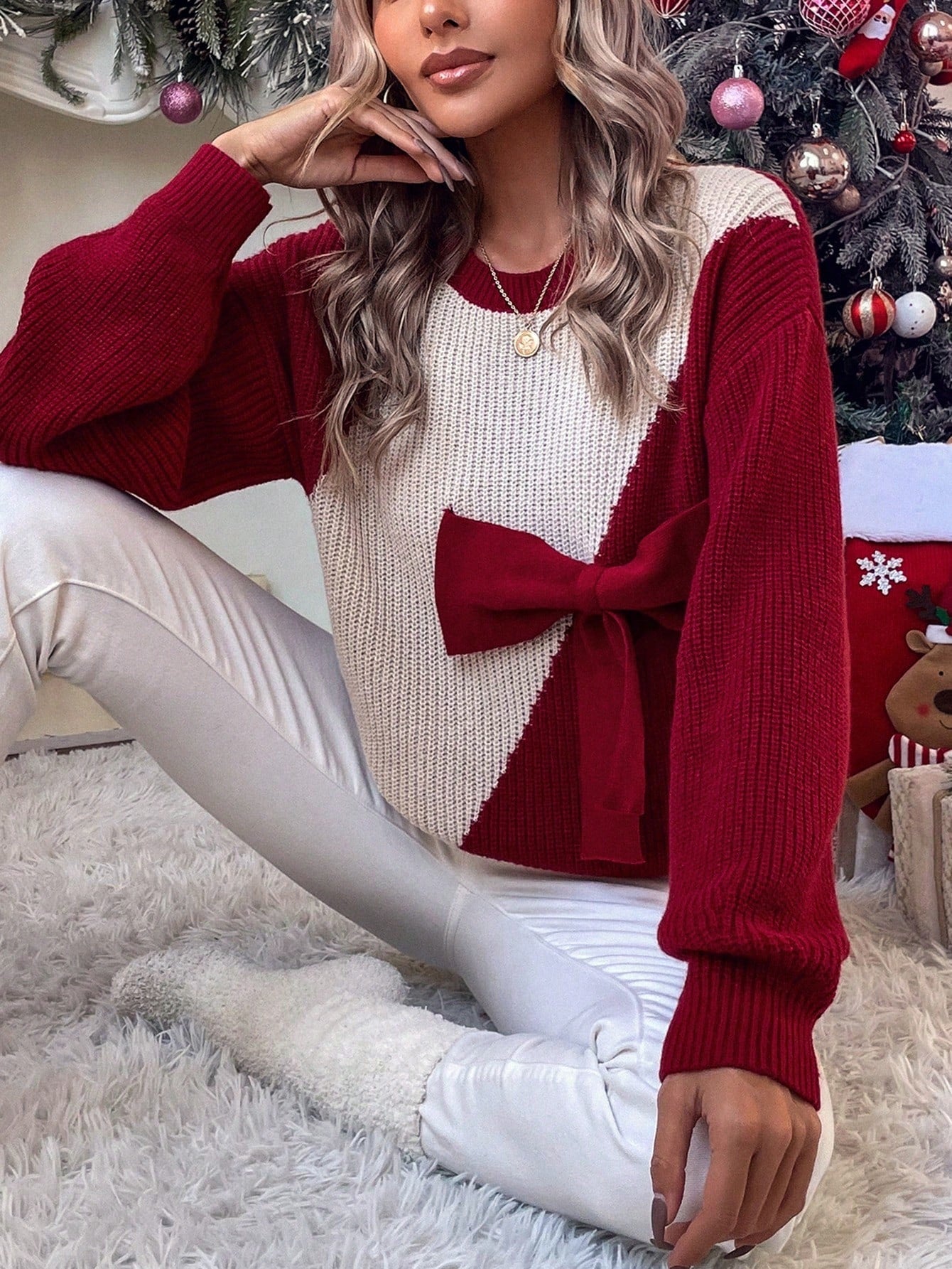 SHEIN Frenchy Two Tone Bow Front Drop Shoulder Sweater