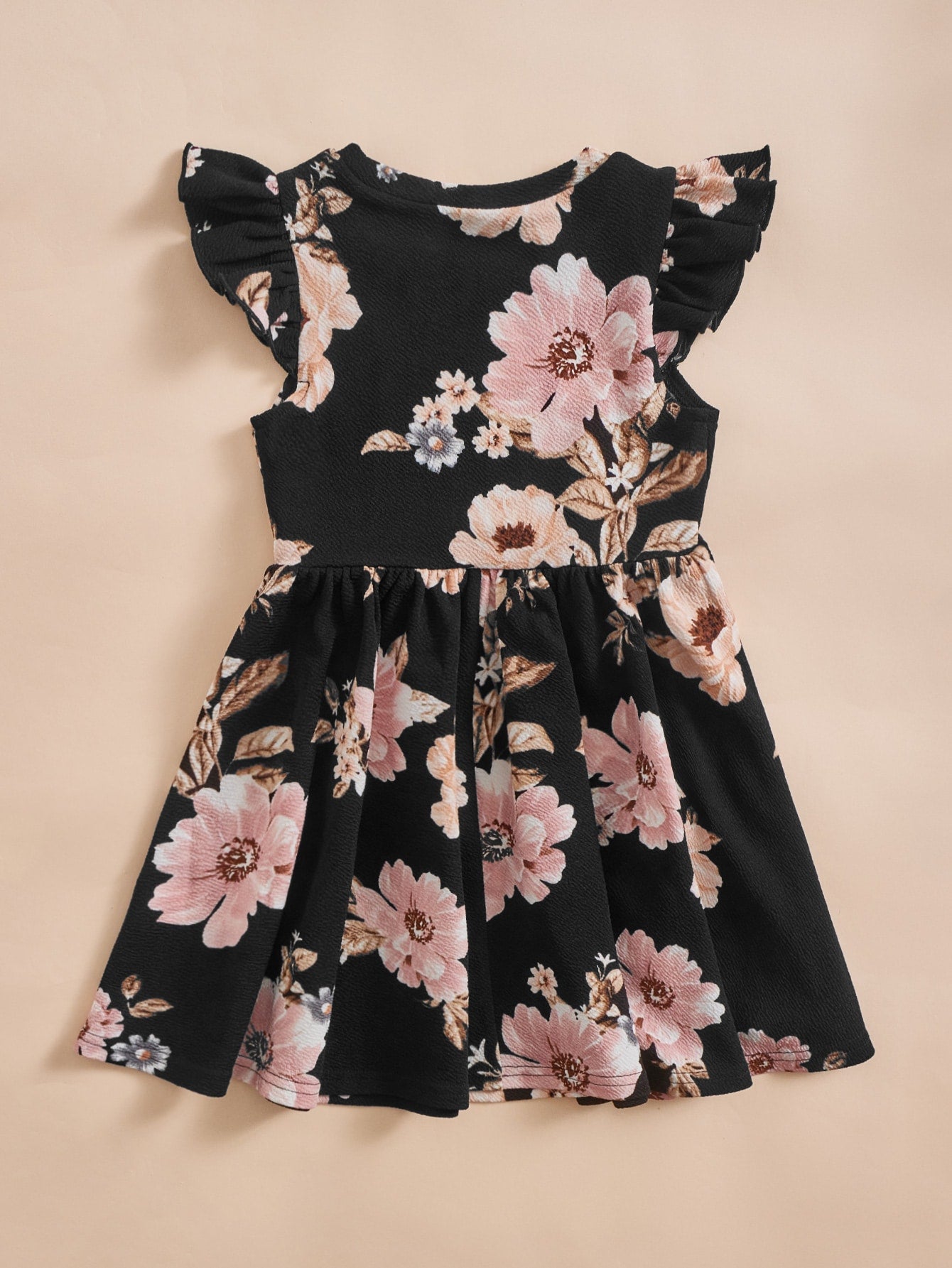 SHEIN Kids CHARMNG Young Girl Casual & Comfortable Knitted Flare Sleeve round Neck Dress with Floral Pattern, Suitable for Vacation