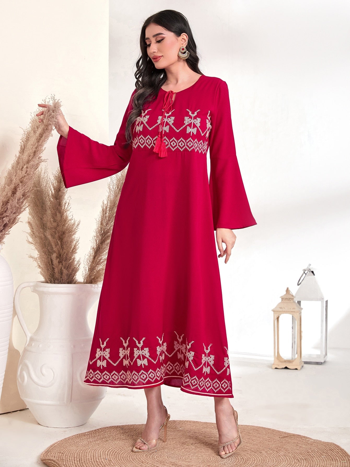 SHEIN Najma Floral Pattern Trumpet Sleeve Tunic Dress