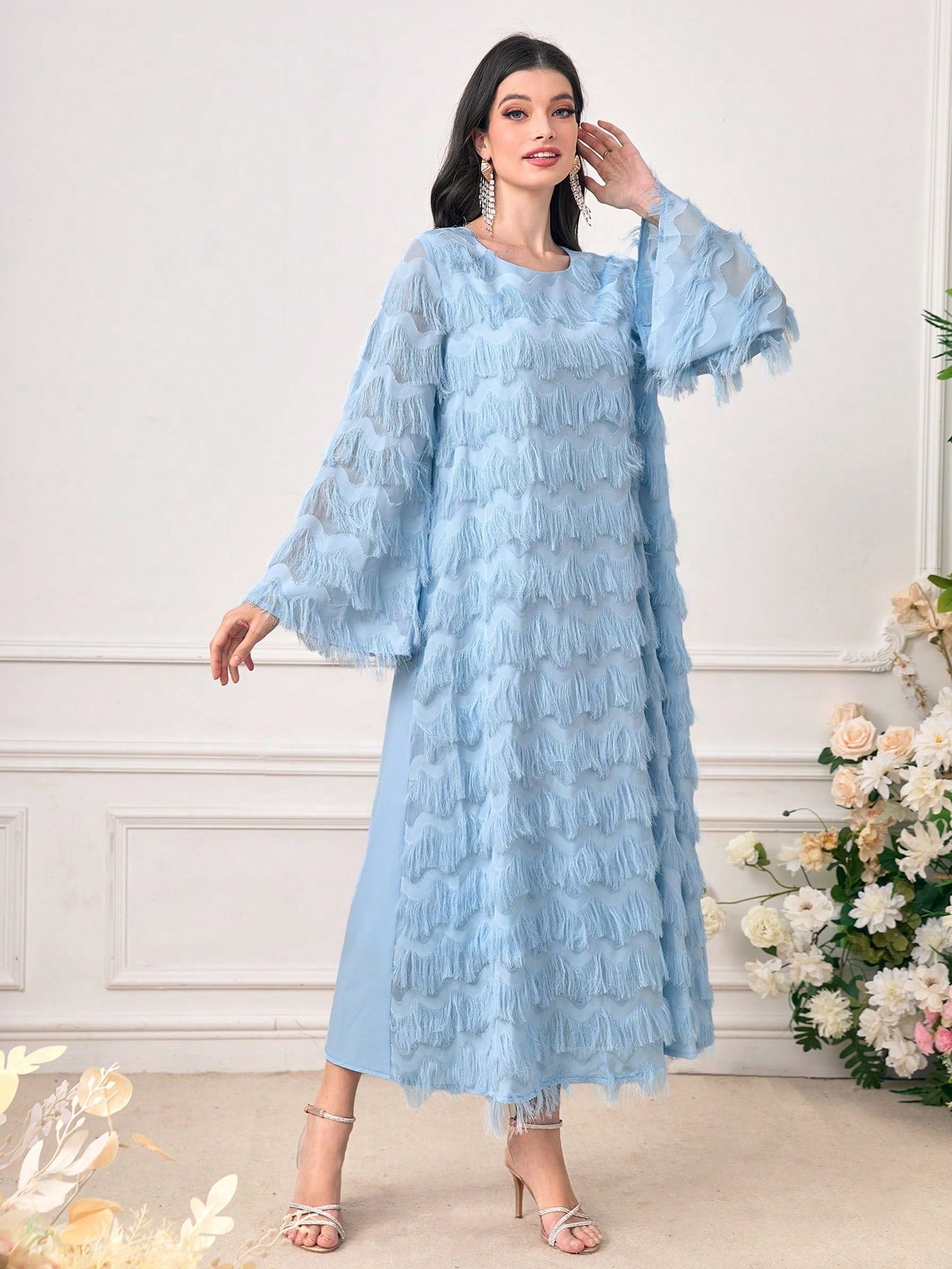 SHEIN Najma Solid Flounce Sleeve Fuzzy Dress