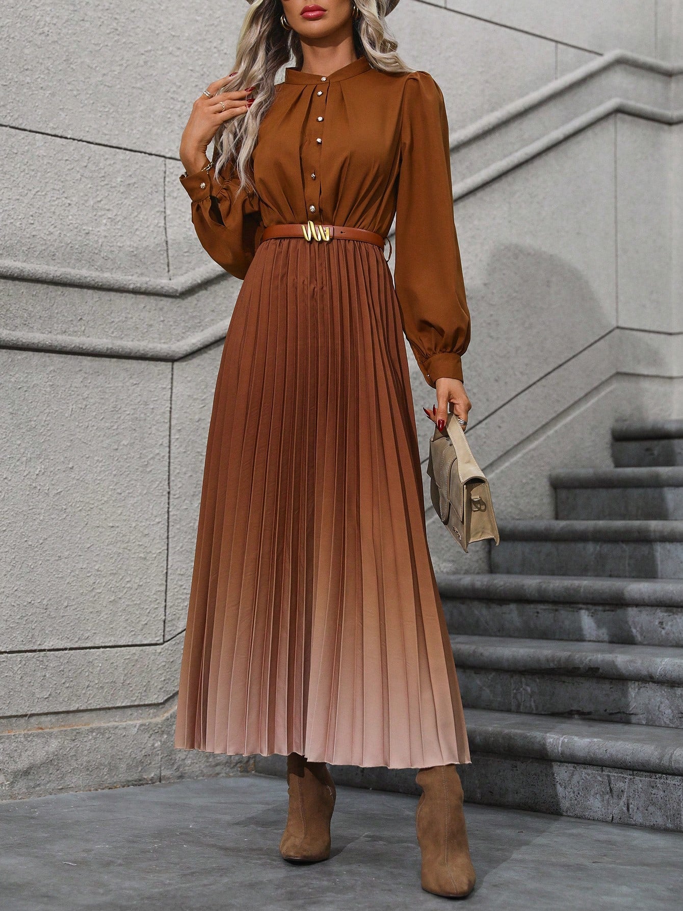 Ombre Pleated Hem Shirt Dress without Belt