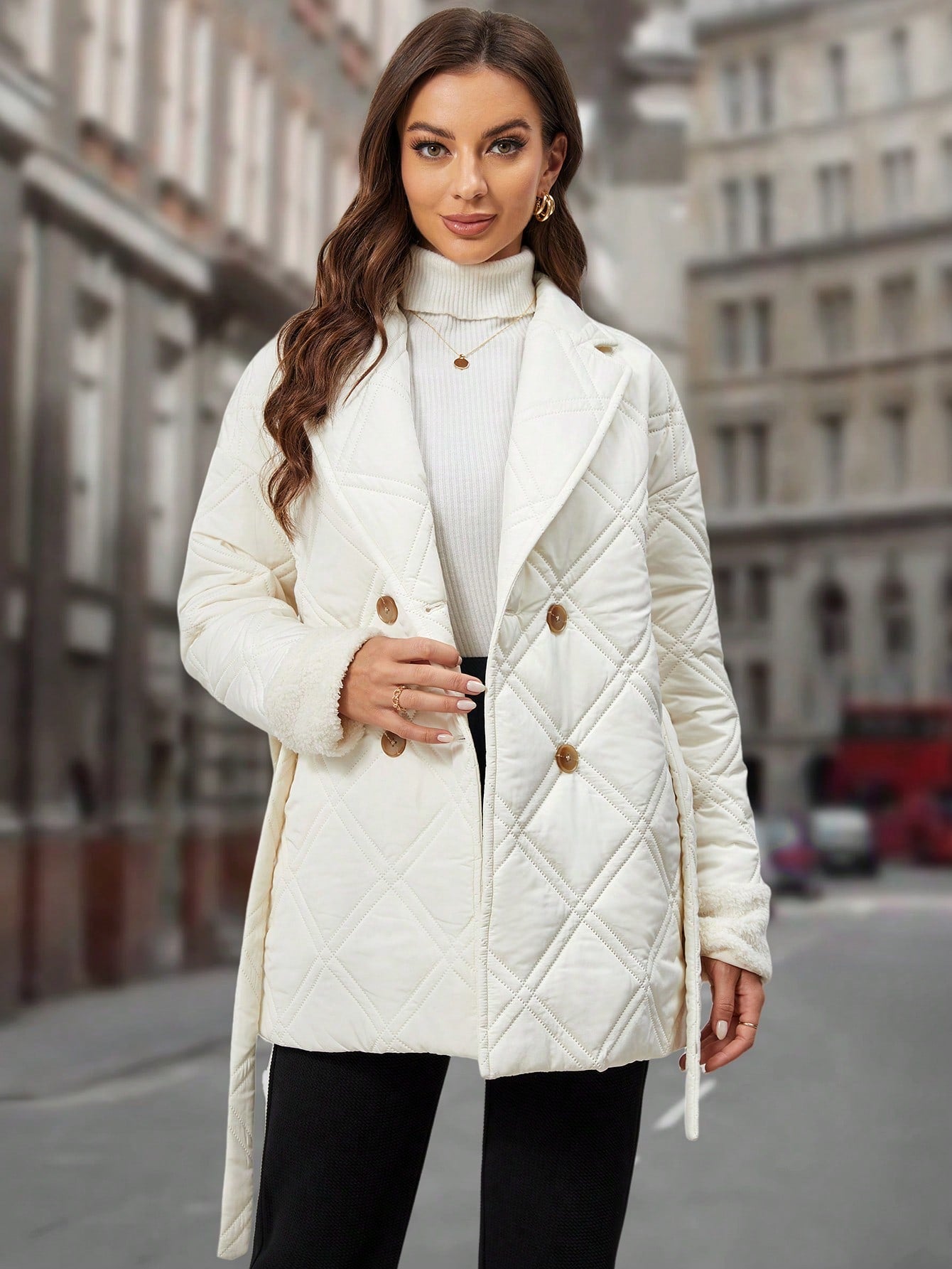 EMERY ROSE Lapel Neck Double Breasted Belted Quilted Coat