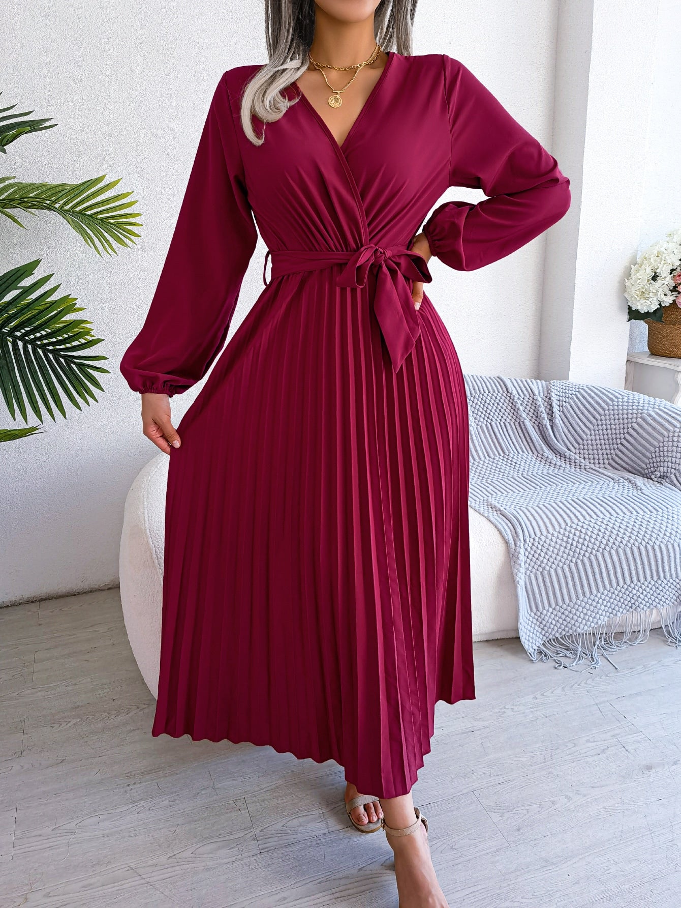 Surplice Neck Lantern Sleeve Pleated Hem Belted Dress