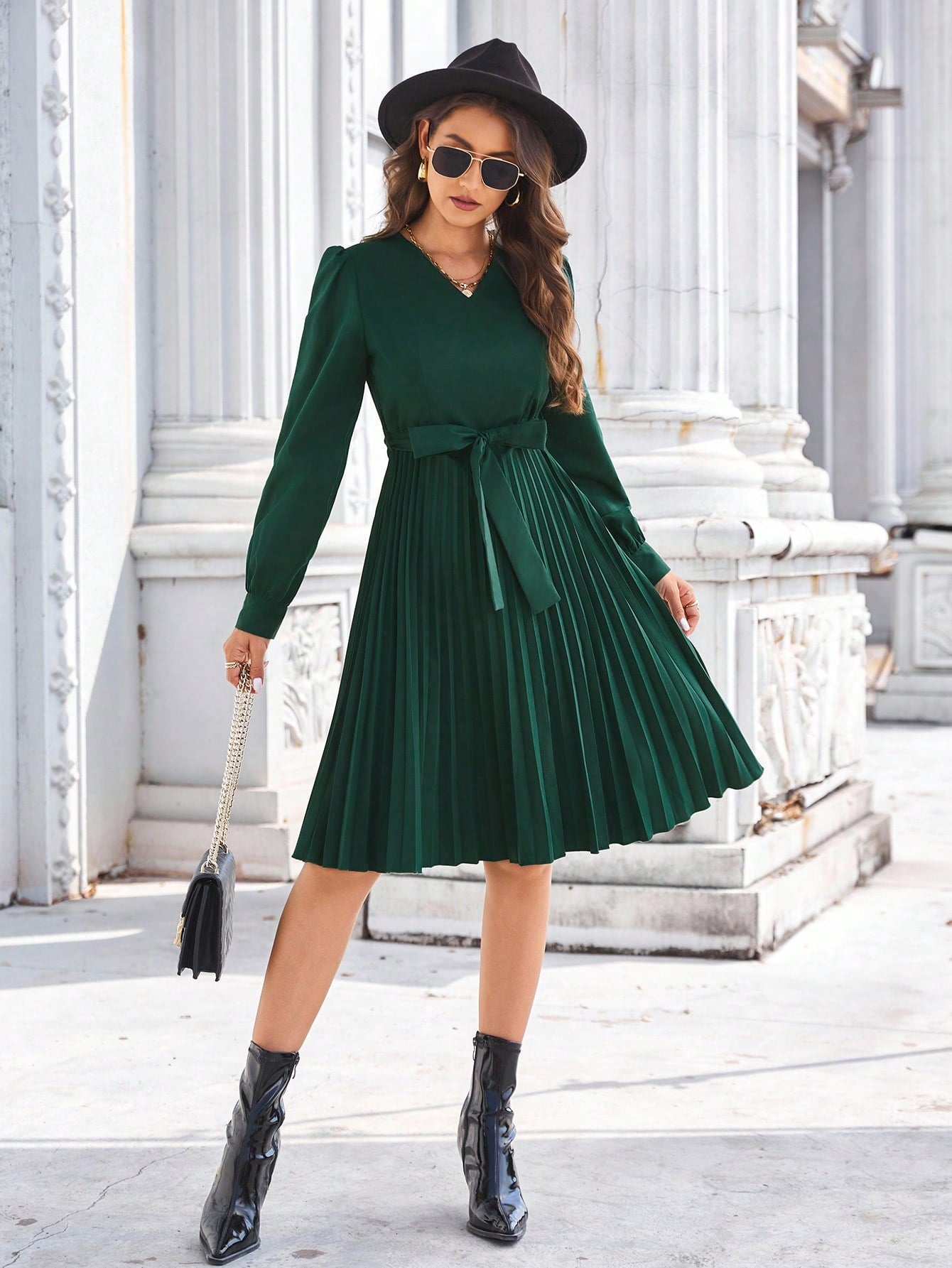 Puff Sleeve Self Belted Pleated Dress
