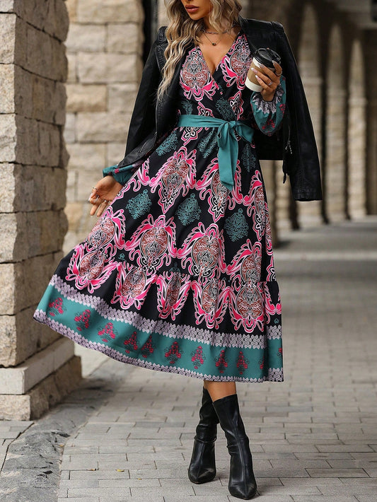 Allover Print Lantern Sleeve Belted Dress