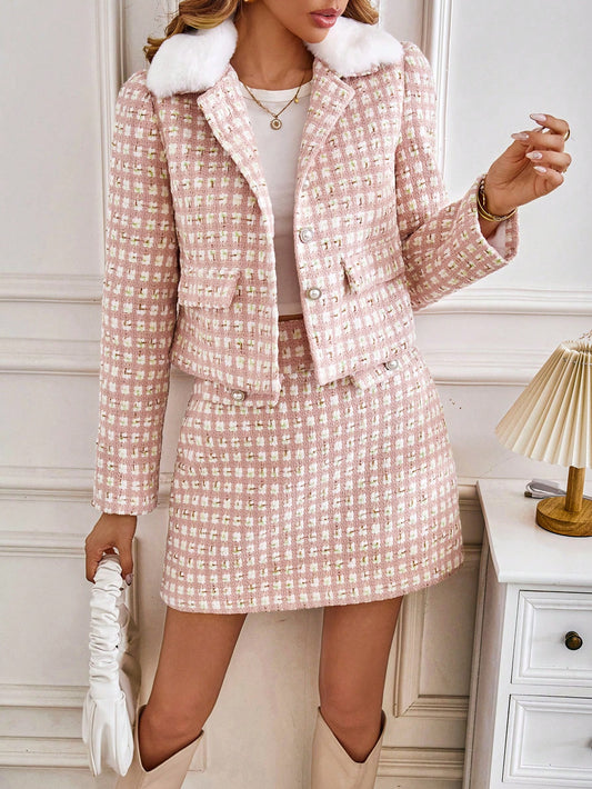 SHEIN Privé Plaid Print Borg Collar Jacket & Skirt