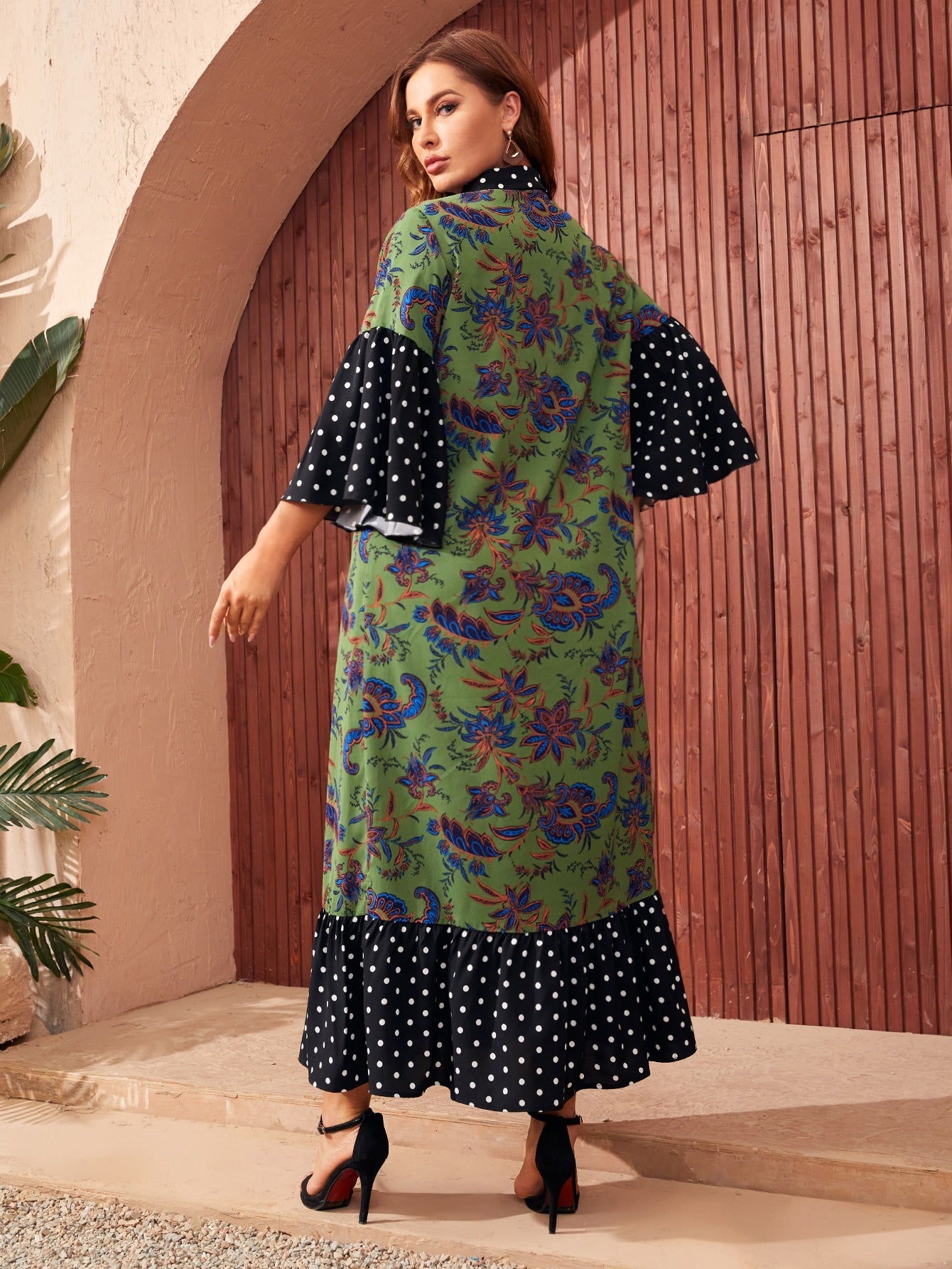 SHEIN Mulvari plus Paisley & Polka Dot Print Ruffle Hem Button Front Dress