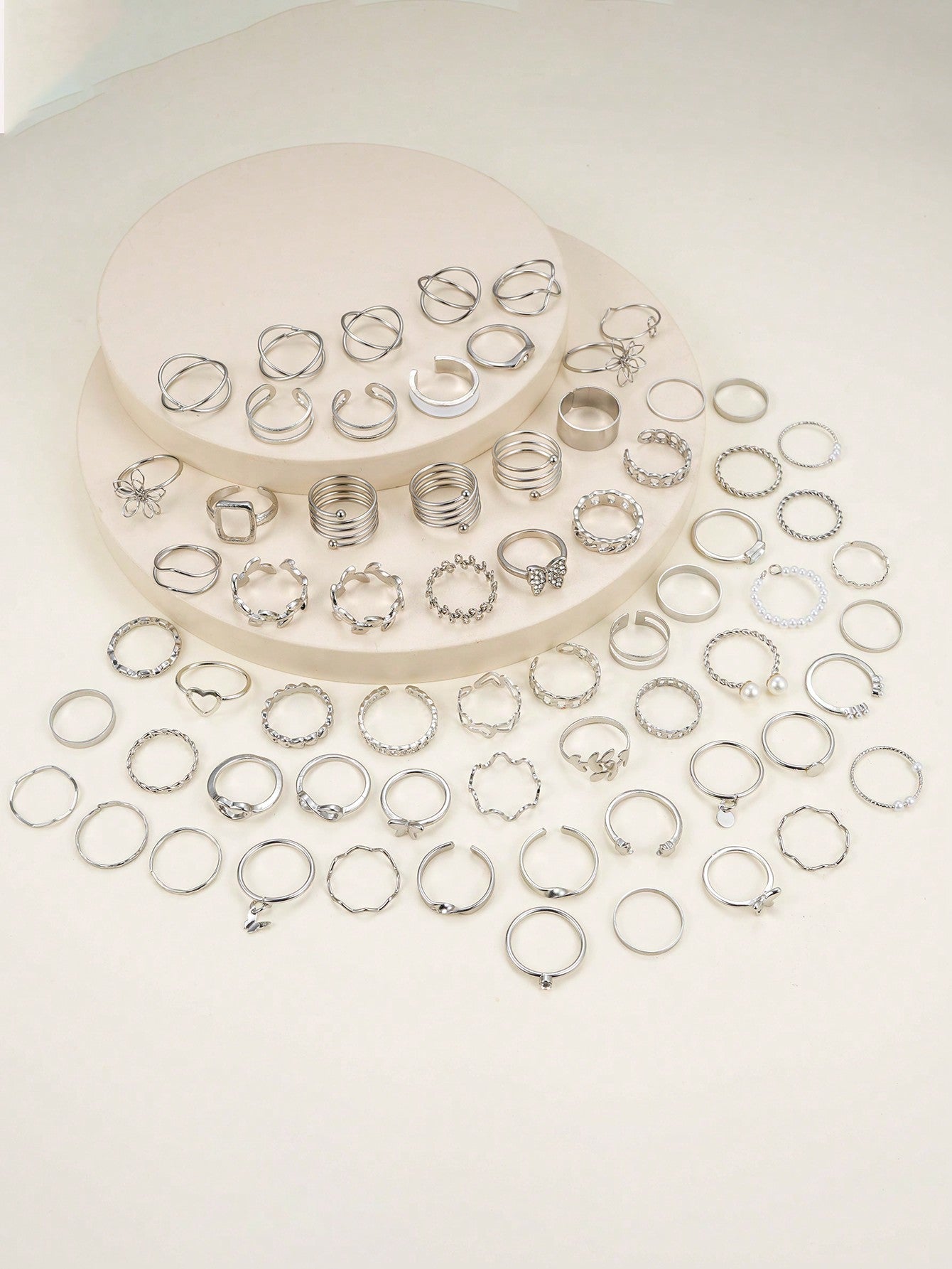 66Pcs Simple Butterfly, Heart & Faux Pearl Design Rings Set for Women, Great for Daily Wear, Dating, Vacation and Gifts (Without Box)