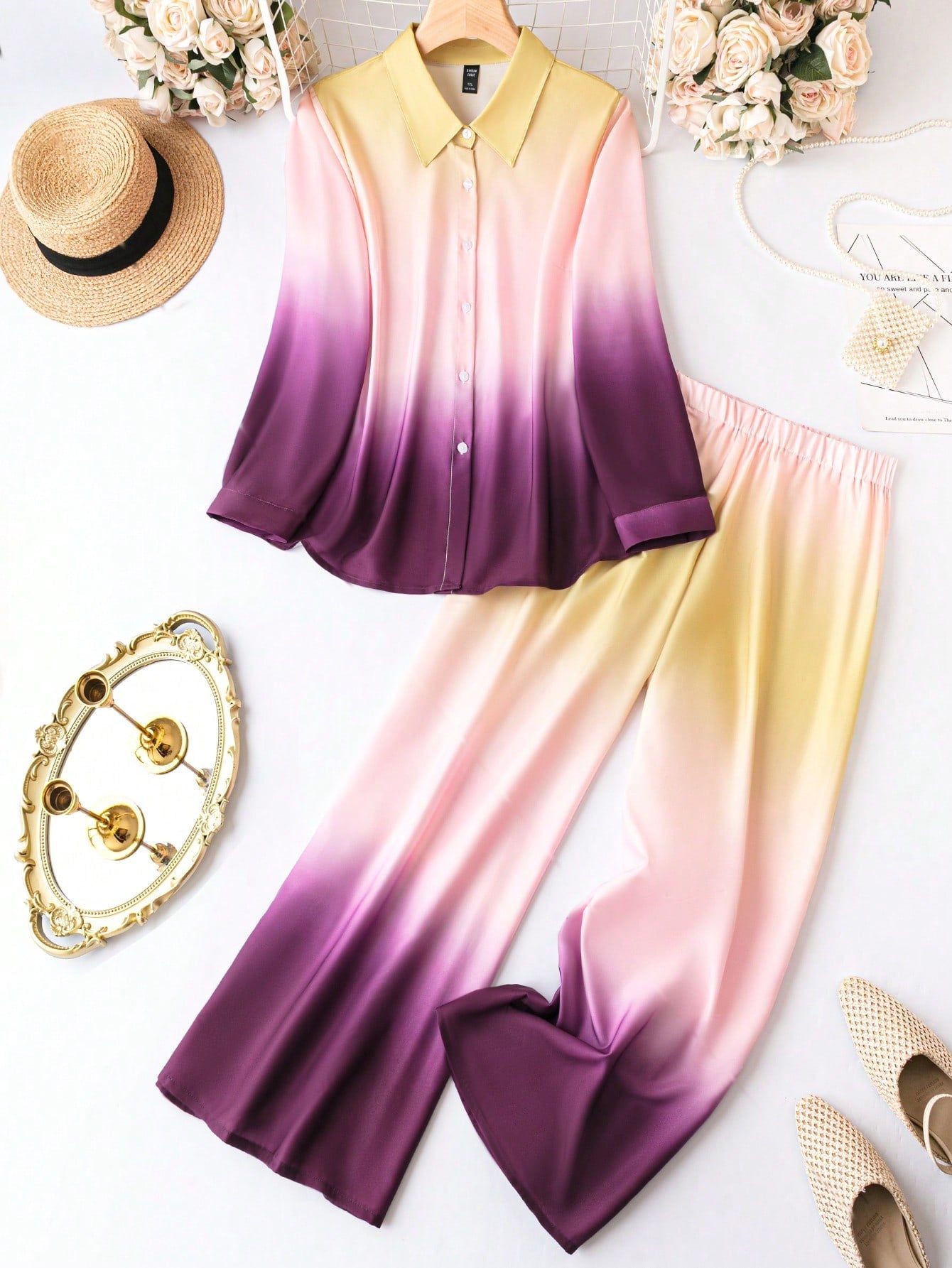 SHEIN LUNE plus Ombre Shirt & Wide Leg Pants
