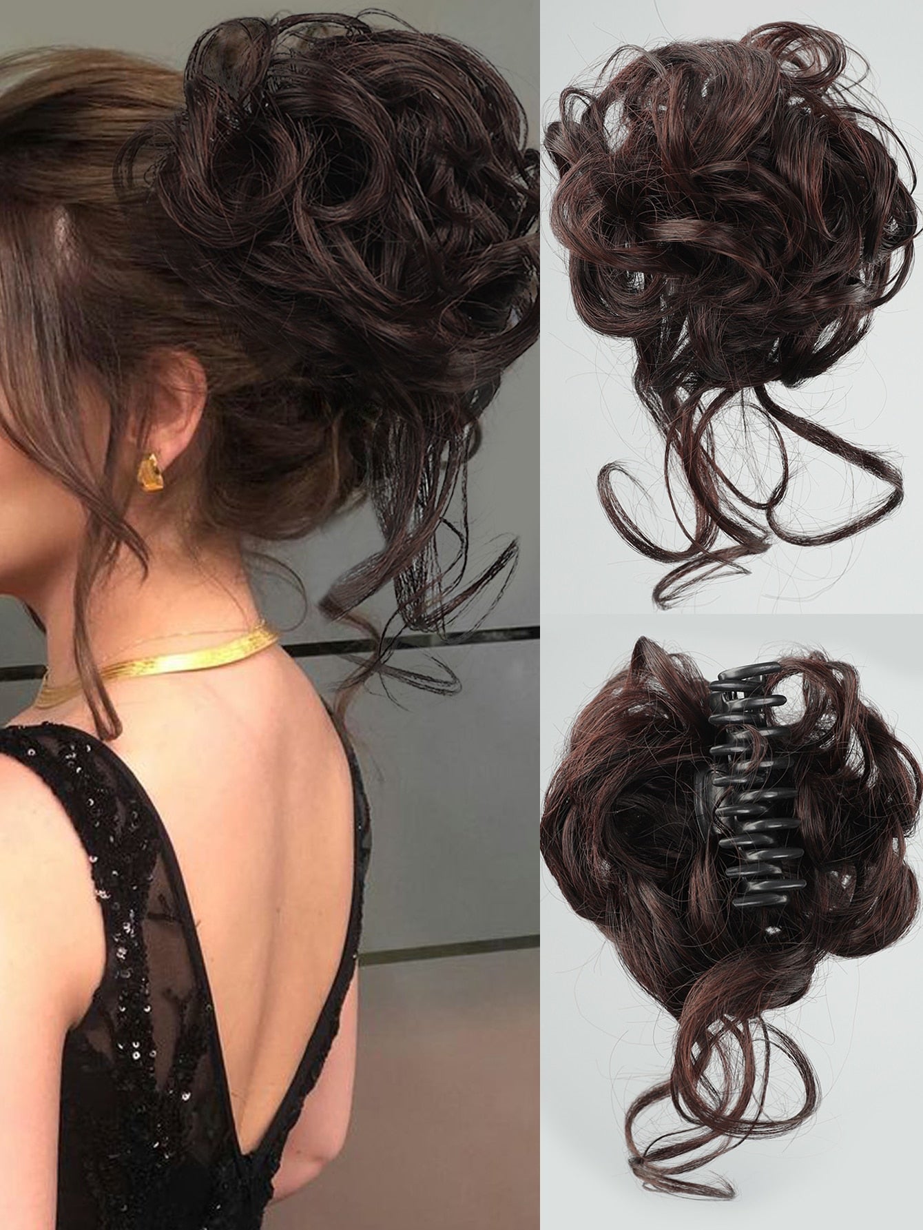 Synthetic Messy Curly Claw Hair Bun Chignon Hair Extensions Scrunchy Fake False Dark Brown Hair with Tail for Women Hairpieces