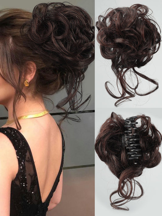 Synthetic Messy Curly Claw Hair Bun Chignon Hair Extensions Scrunchy Fake False Dark Brown Hair with Tail for Women Hairpieces