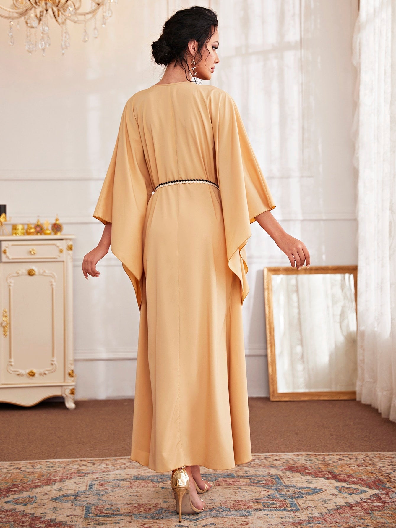 SHEIN Najma Contrast Lace Belted Kaftan Dress