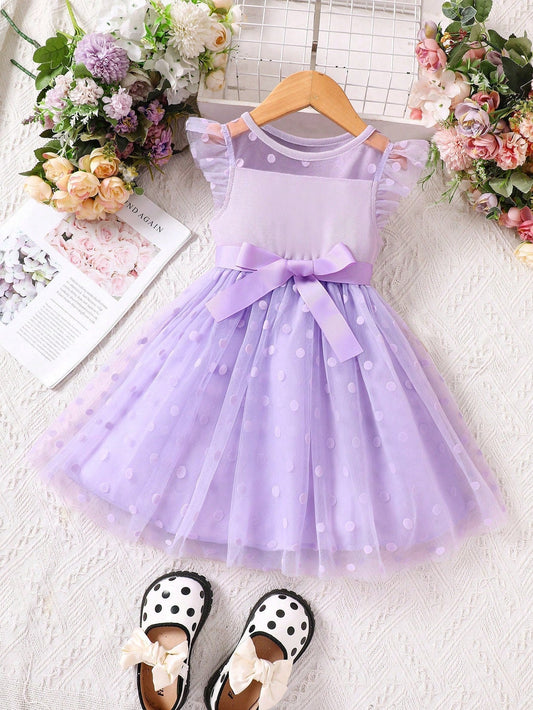 SHEIN Kids CHARMNG Young Girl Polka Dot Mesh Overlay Ruffle Trim Dress