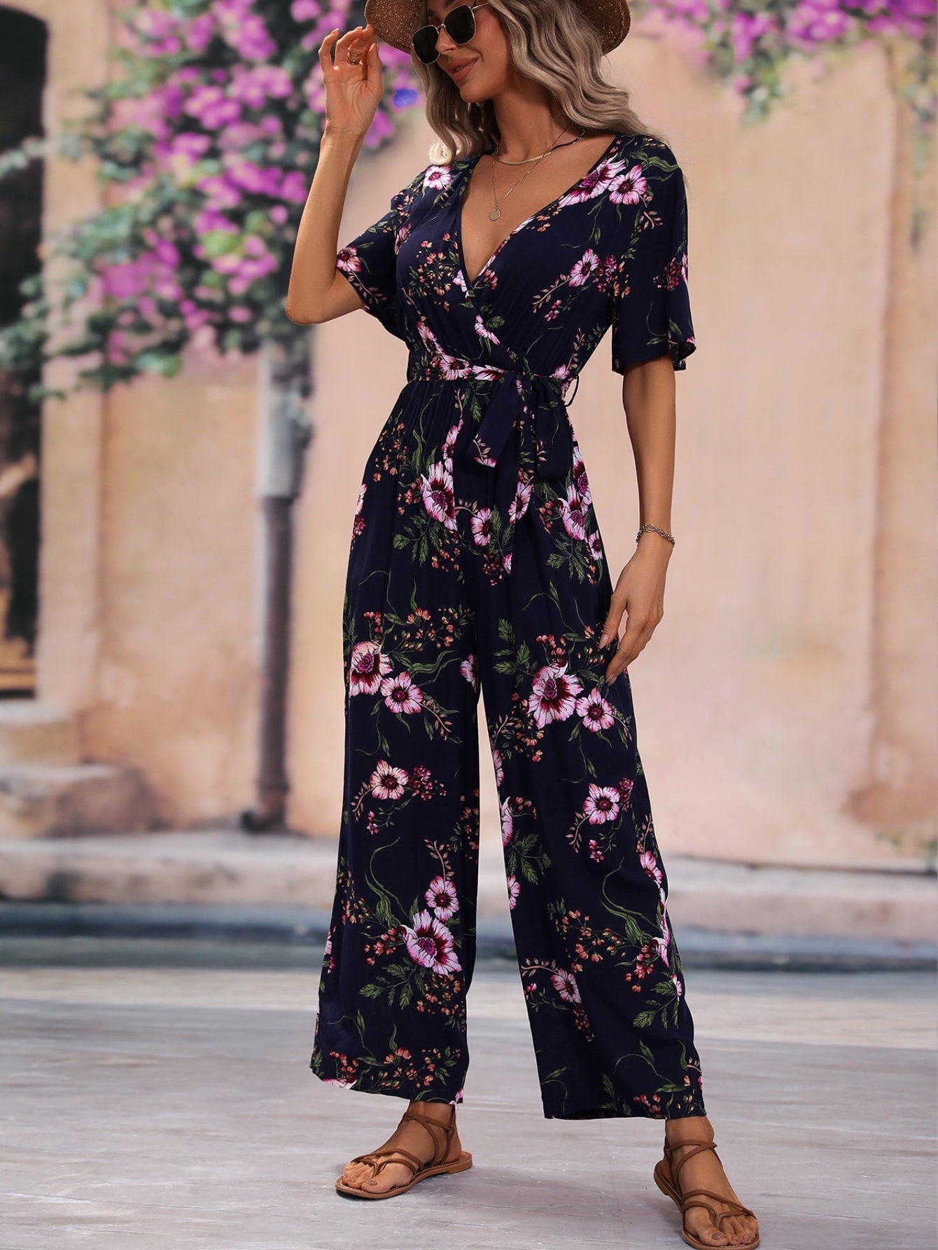 SHEIN VCAY Floral Print Surplice Neck Belted Jumpsuit