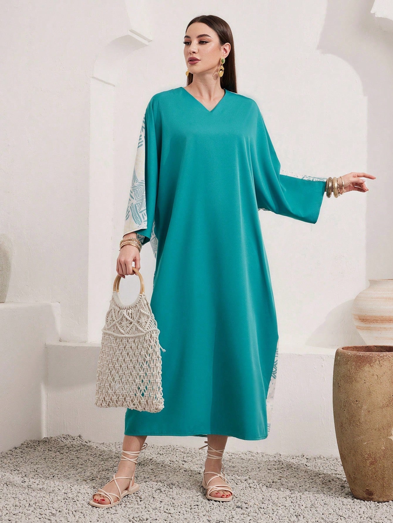 SHEIN Najma V-Neck Long Sleeve Kaftan