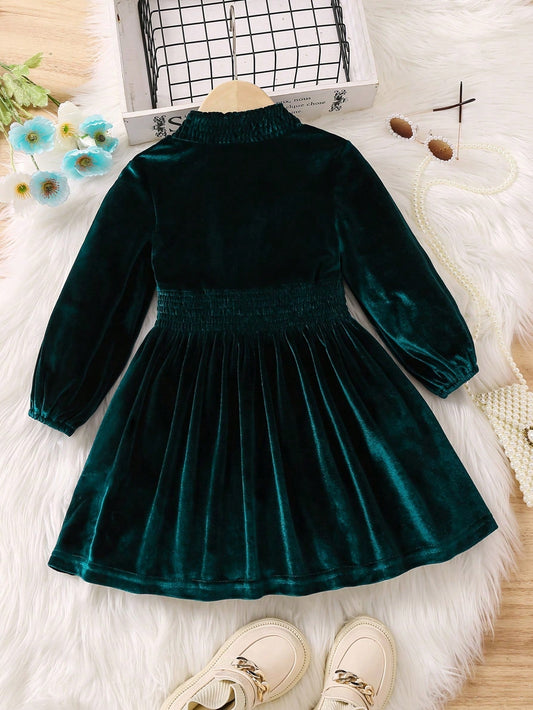 SHEIN Kids FANZEY Young Girl Solid Mock Neck Velvet Dress