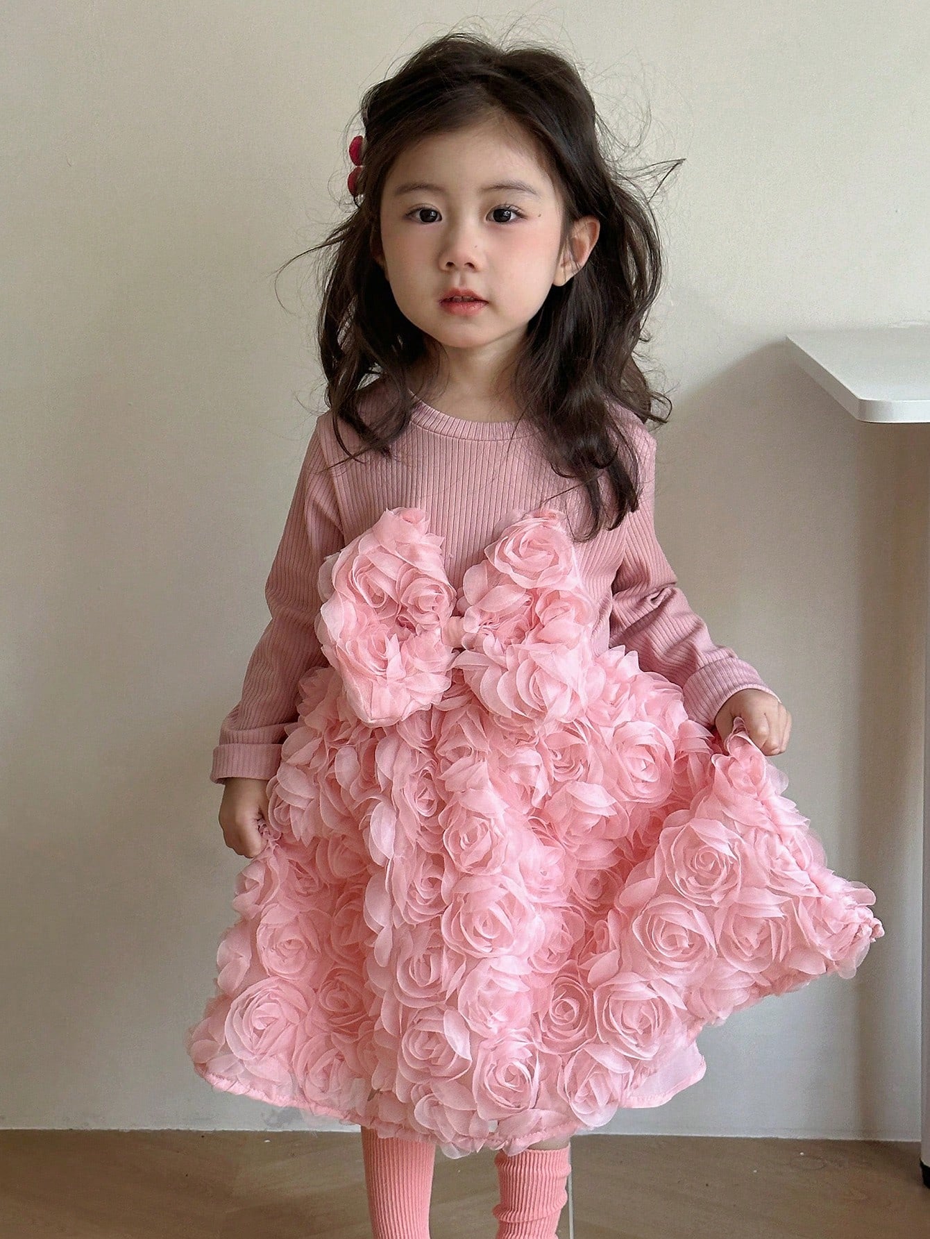 Young Girl'S Long Sleeve Dress with 3D Flower Detail