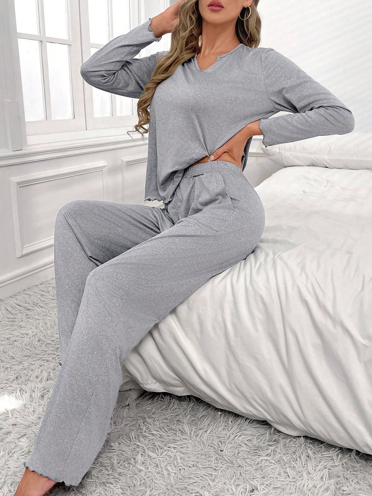 Notched Neck Lettuce Trim Tee & Pants Lounge Set